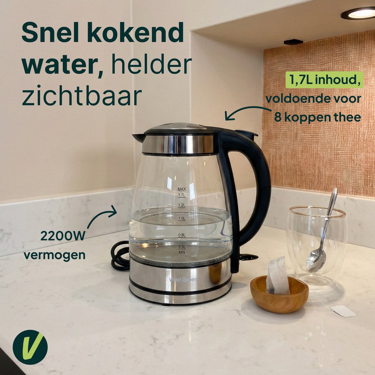 Vivid Green Glazen Waterkoker met LED-verlichting