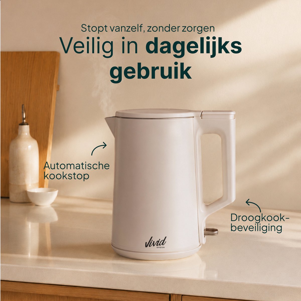 Vivid Green 2200W Waterkoker - 1.7L - BPA-vrij - 360° - Elektrisch - RVS - Creme