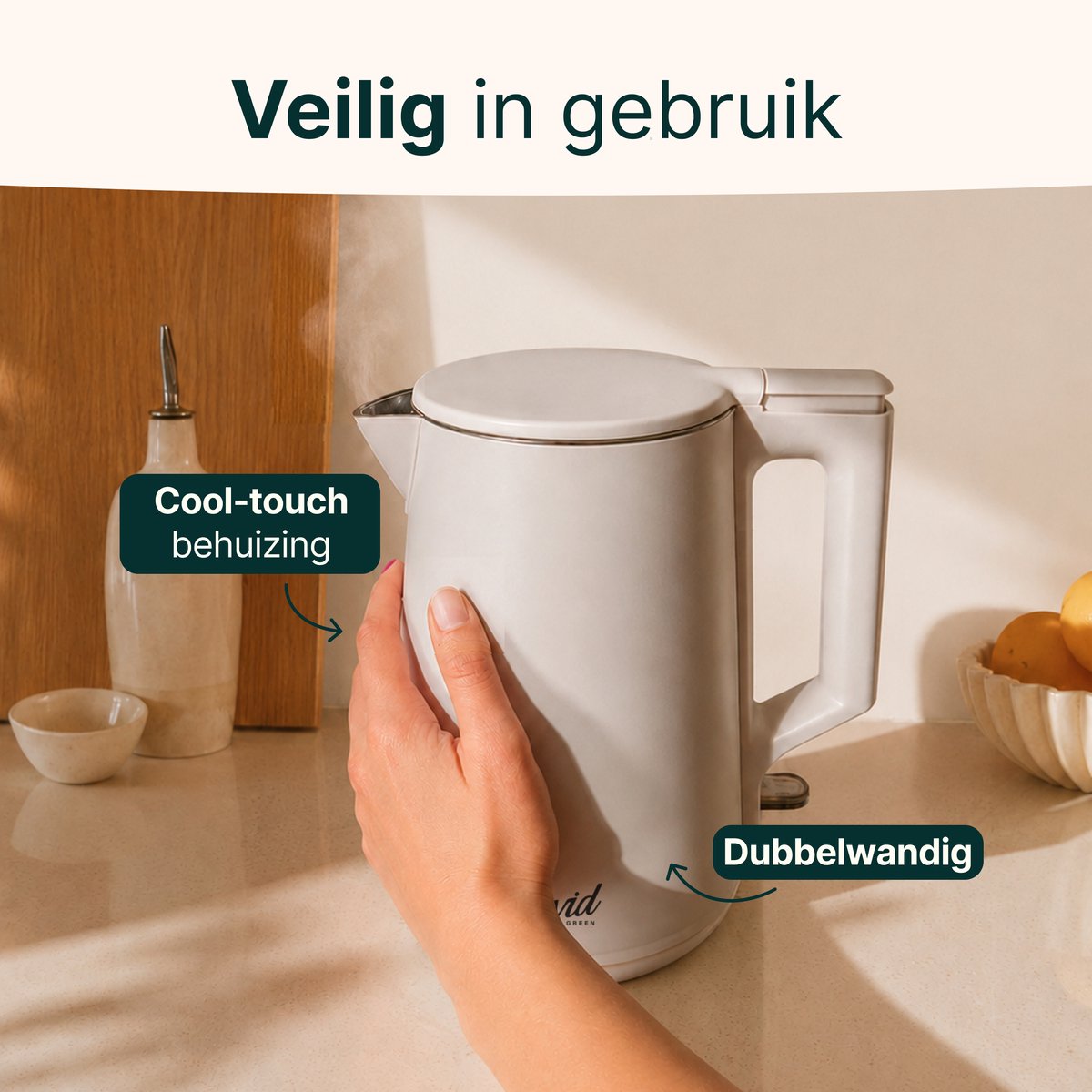 Vivid Green 2200W Waterkoker - 1.7L - BPA-vrij - 360° - Elektrisch - RVS - Creme