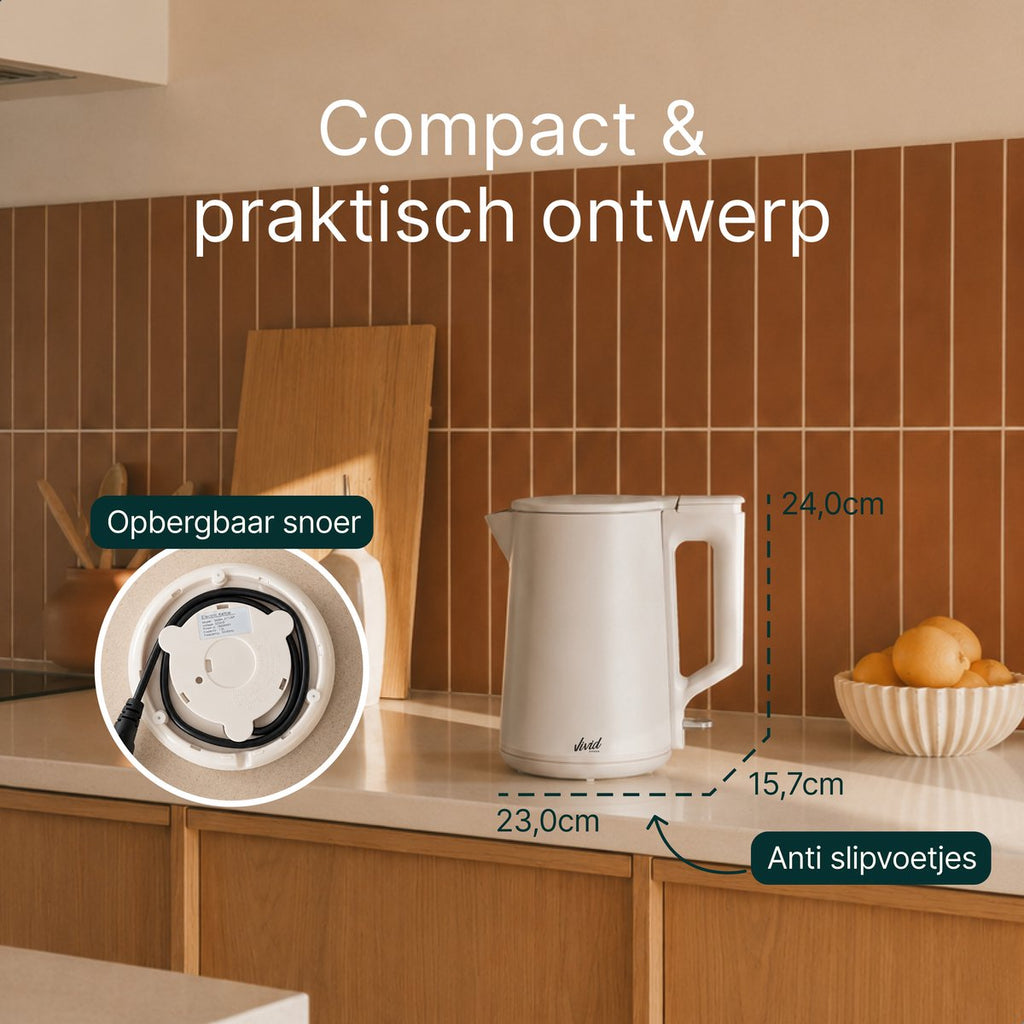 Vivid Green 2200W Waterkoker - 1.7L - BPA-vrij - 360° - Elektrisch - RVS - Creme