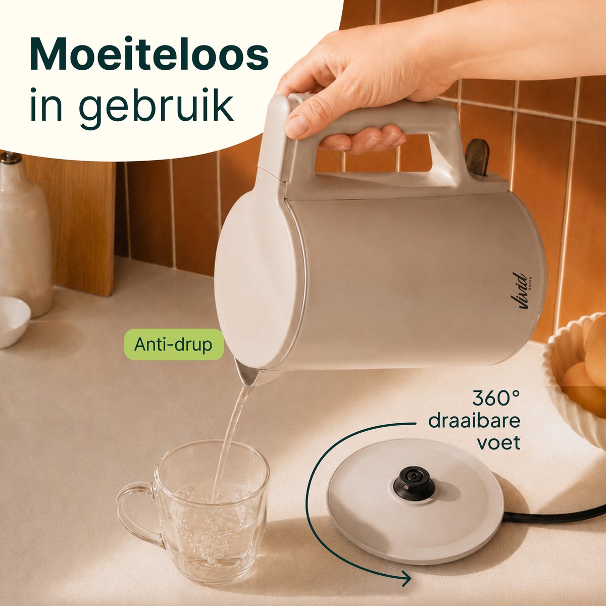 Vivid Green 2200W Waterkoker - 1.7L - BPA-vrij - 360° - Elektrisch - RVS - Creme