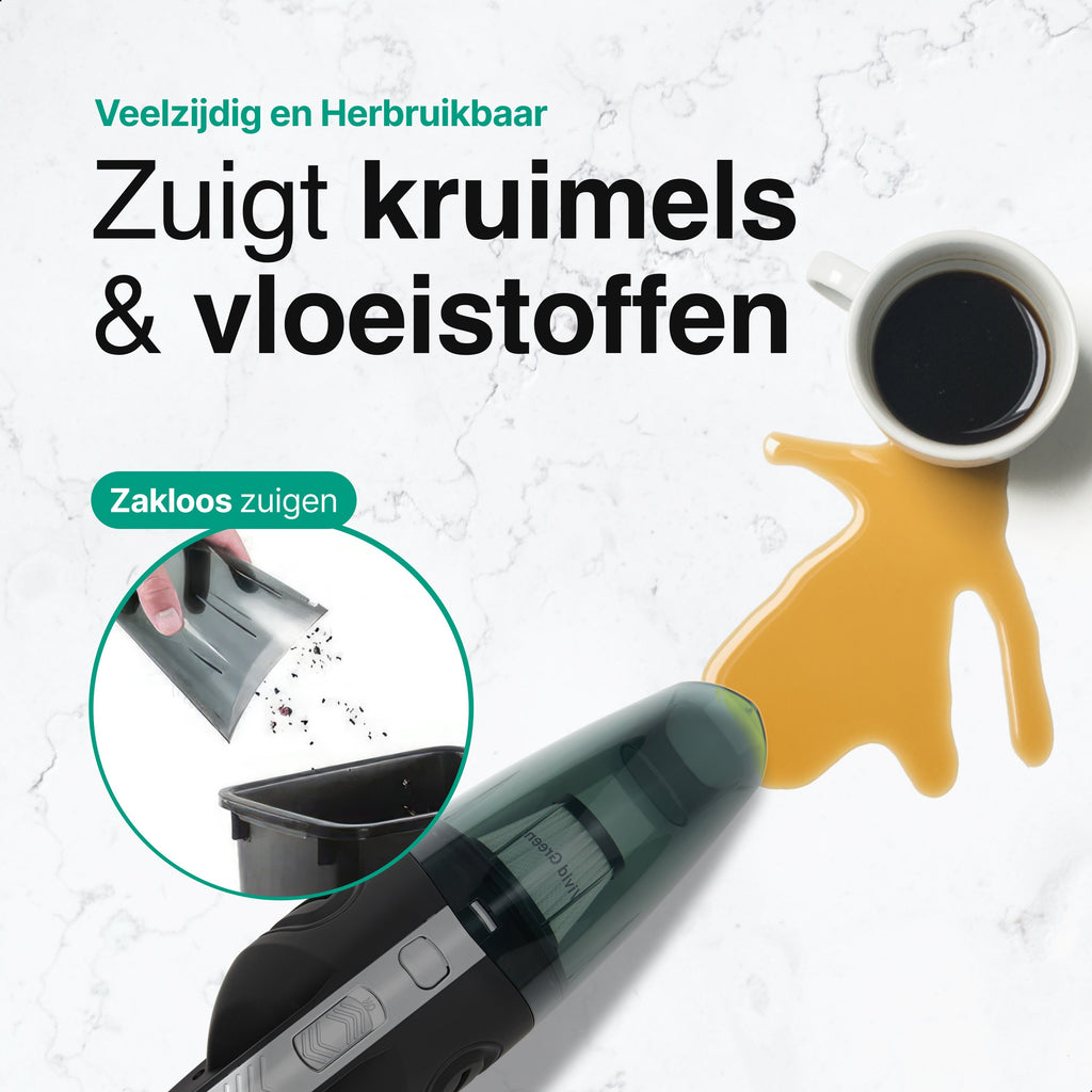 Kruimelzuiger Snoerloos - Handstofzuiger met 5 opzetstukken - Kruimelzuiger - Grijs - Vivid Green