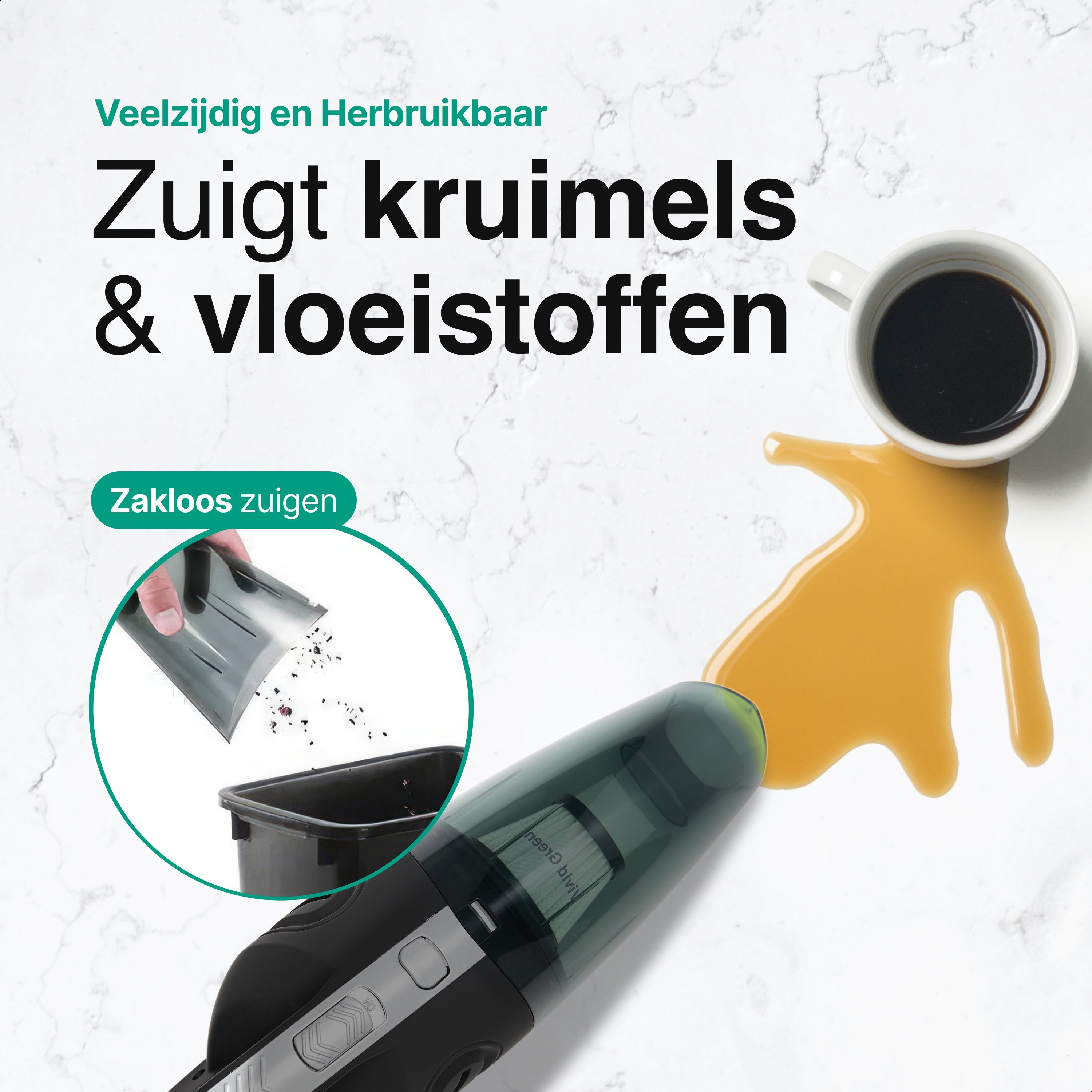 Kruimelzuiger Snoerloos - Handstofzuiger met 5 opzetstukken - Kruimelzuiger - Grijs - Vivid Green