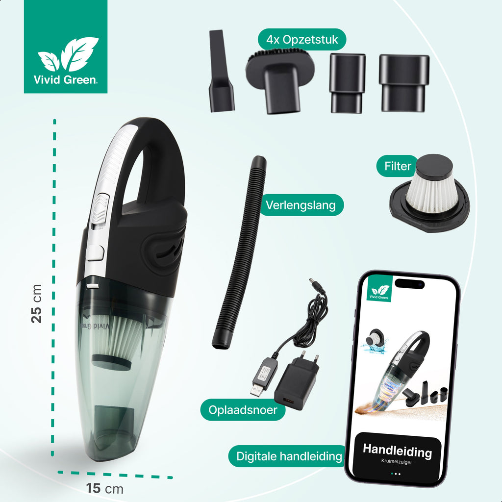 Kruimelzuiger Snoerloos - Handstofzuiger met 5 opzetstukken - Kruimelzuiger - Grijs - Vivid Green