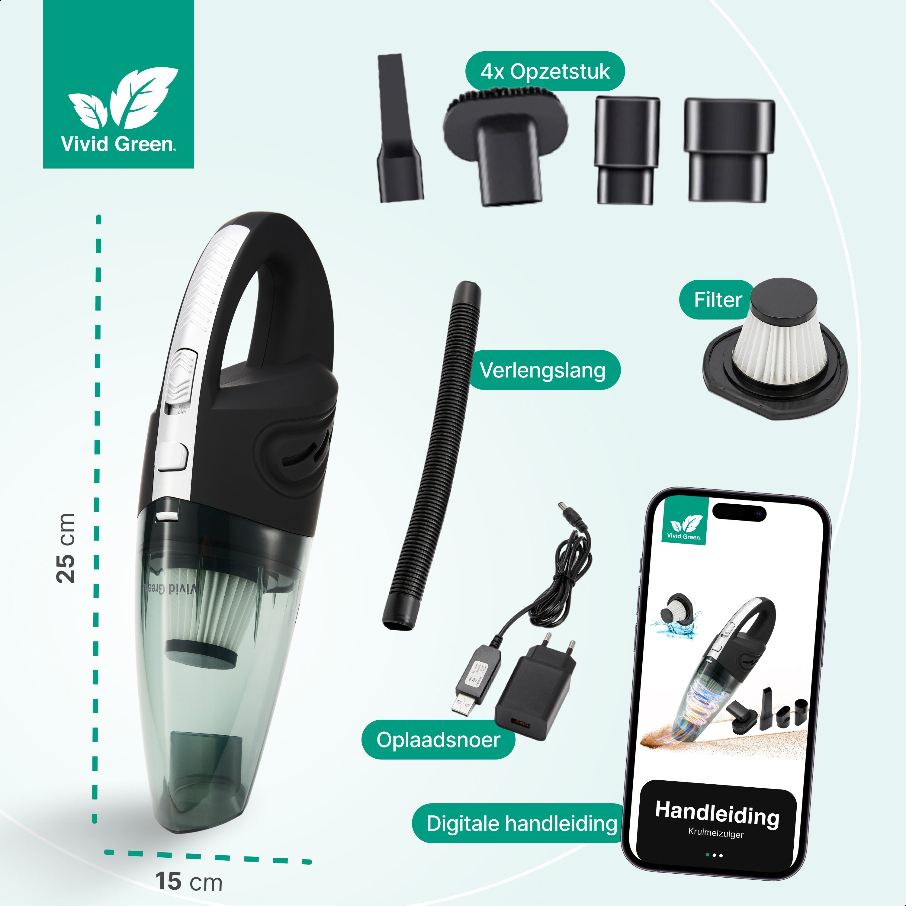 Kruimelzuiger Snoerloos - Handstofzuiger met 5 opzetstukken - Kruimelzuiger - Grijs - Vivid Green