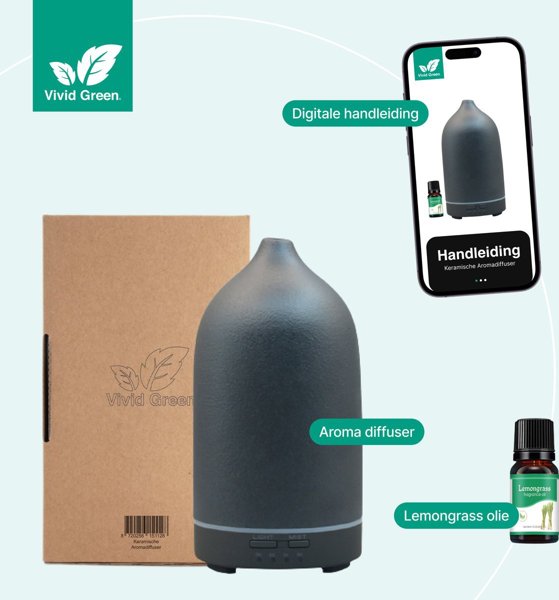 Aroma Diffuser - Keramiek - Luchtbevochtiger - Aromatherapie - Geurverspreider - Etherische olie - Verstuiver - Aromadiffusers - Zwart - Vivid Green