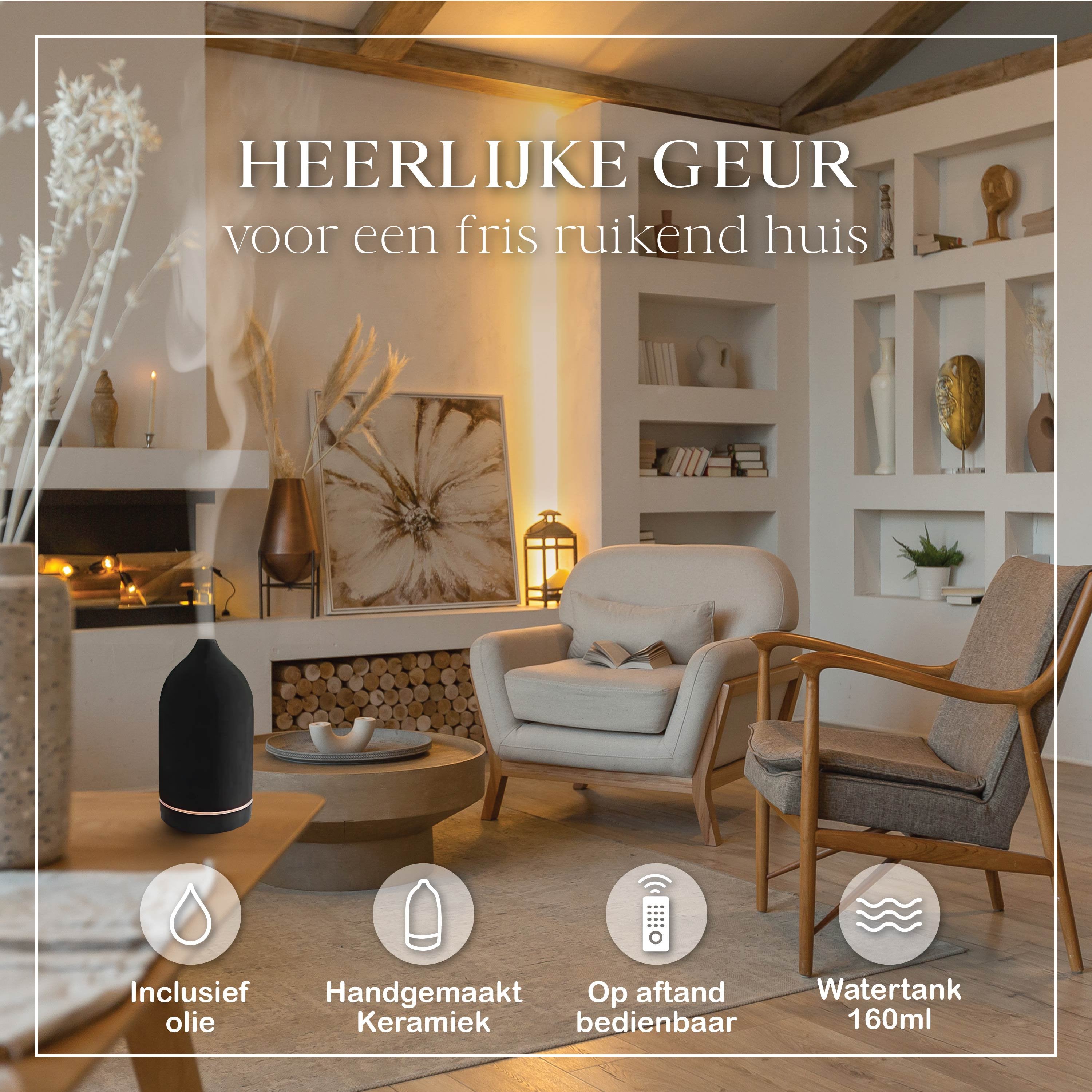 Aroma Diffuser - Keramiek - Luchtbevochtiger - Aromatherapie - Geurverspreider - Etherische olie - Verstuiver - Aromadiffusers - Zwart - Vivid Green