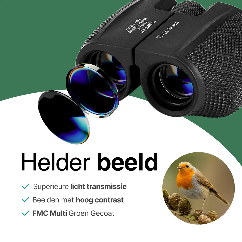 Verrekijker - 10x25 - BAK4 - Compact - Full Multi-Coated - Waterdicht - Inclusief nekkoord en draagtas - Vogels spotten - Zwart - Vivid Green