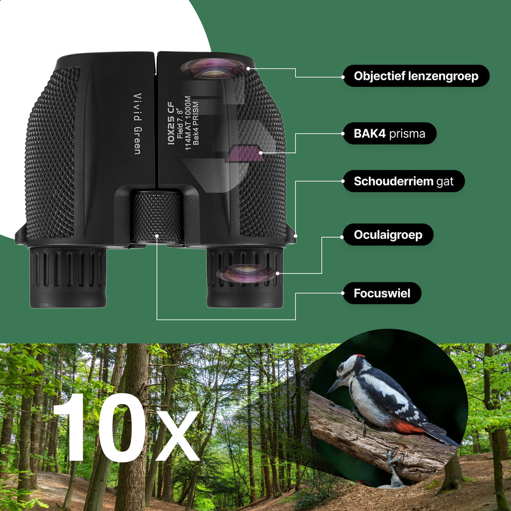 Verrekijker - 10x25 - BAK4 - Compact - Full Multi-Coated - Waterdicht - Inclusief nekkoord en draagtas - Vogels spotten - Zwart - Vivid Green
