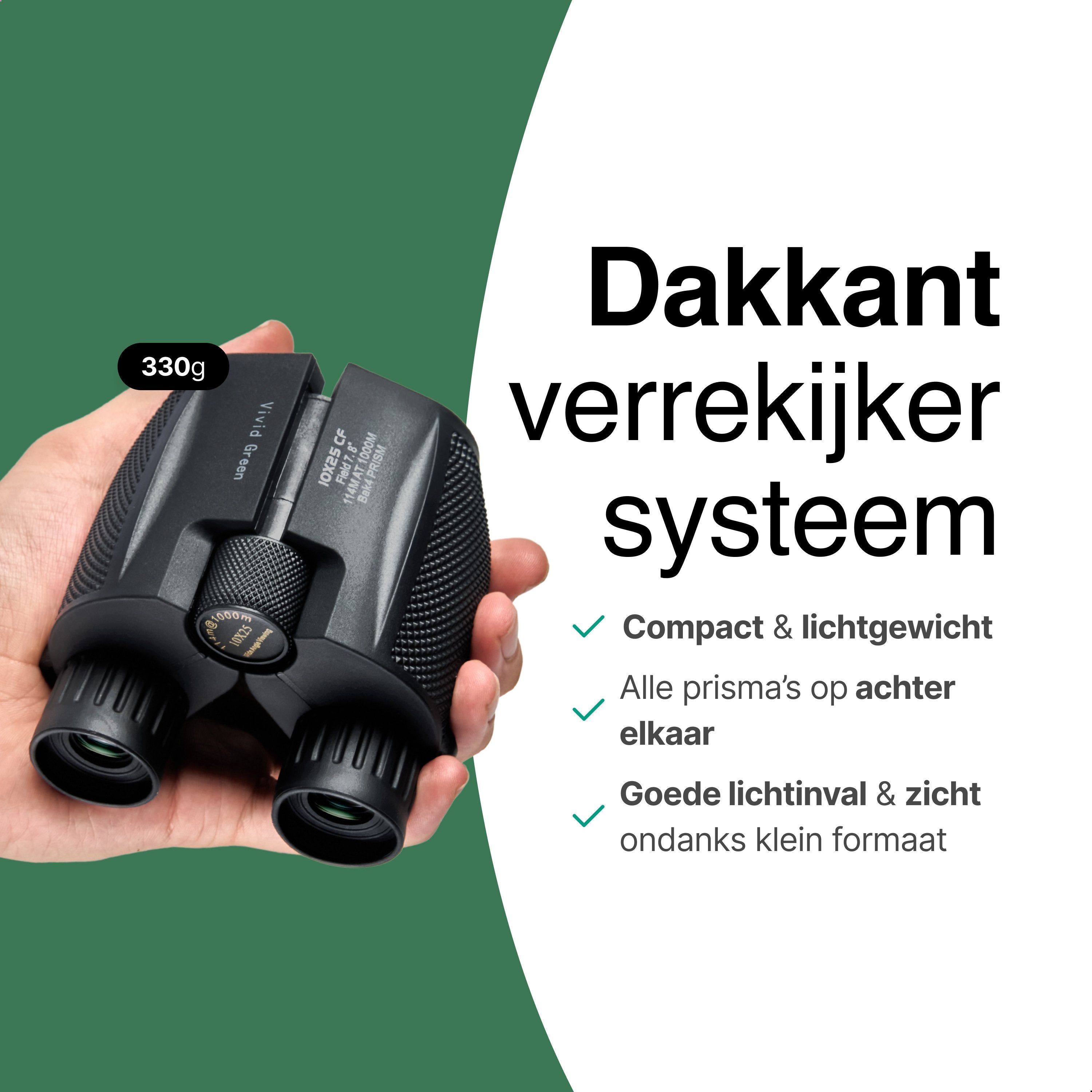 Verrekijker - 10x25 - BAK4 - Compact - Full Multi-Coated - Waterdicht - Inclusief nekkoord en draagtas - Vogels spotten - Zwart - Vivid Green
