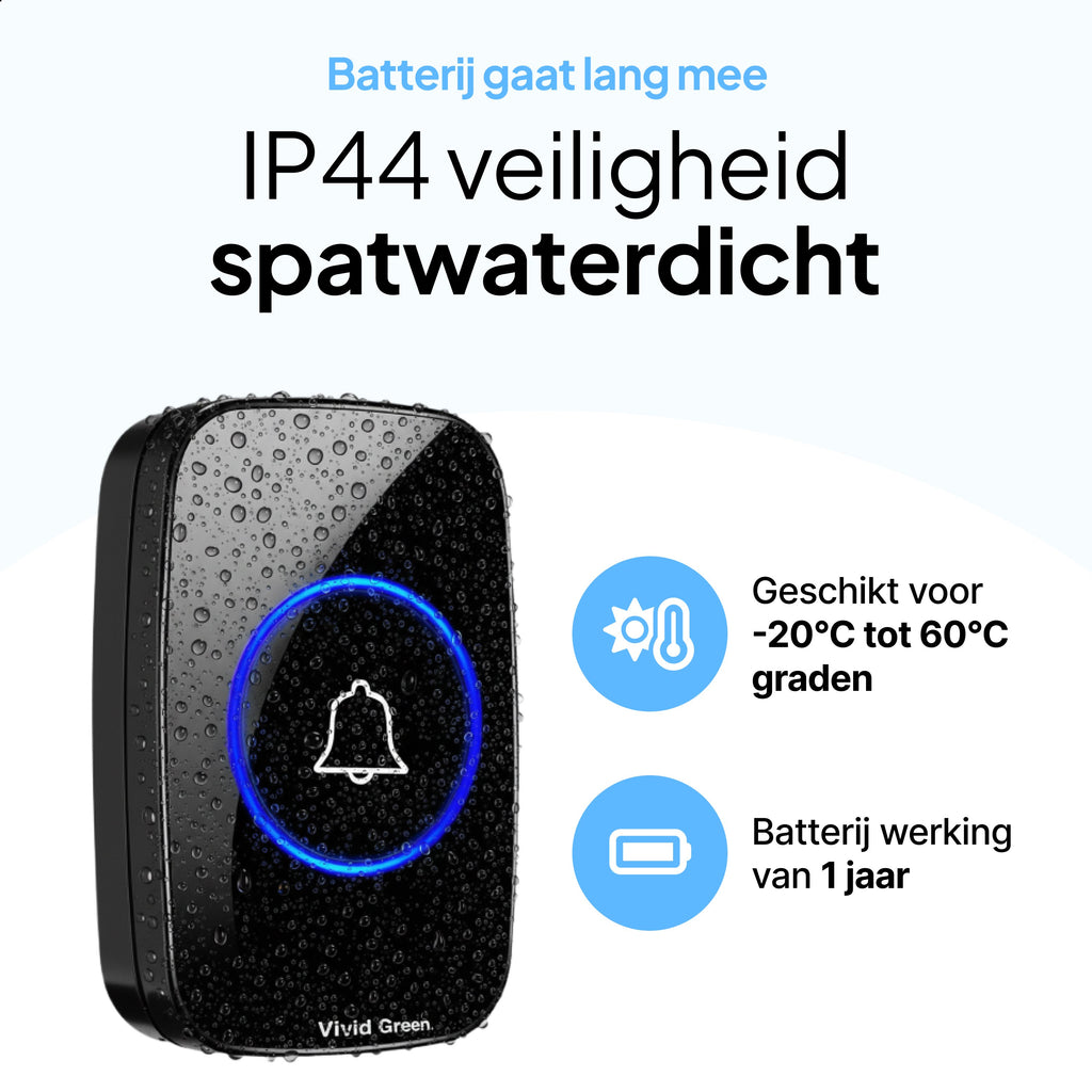 Draadloze Deurbel - Draadloos - Deur Bel - Deurbellen - Wireless doorbell - IP44 Waterdicht - Met ontvanger - Zwart - Vivid Green
