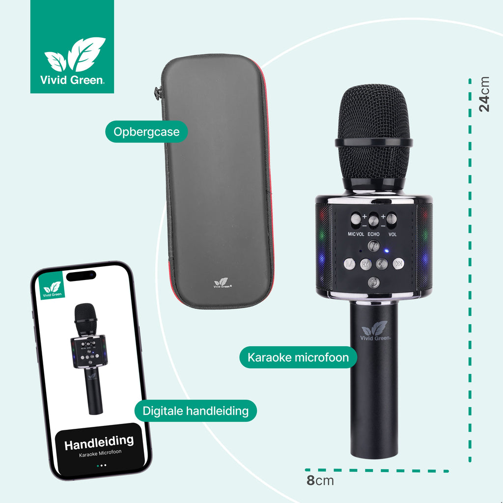 Karaoke microfoon Inc. opbergcase Voor kinderen en Volwassenen - Met Speaker - Draadloos - Set - Zwart - Vivid Green