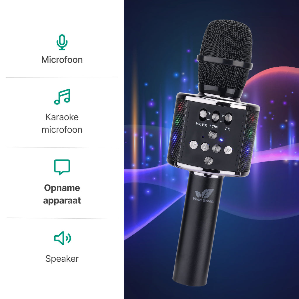 Karaoke microfoon Inc. opbergcase Voor kinderen en Volwassenen - Met Speaker - Draadloos - Set - Zwart - Vivid Green