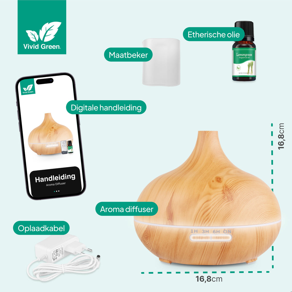 Aroma Diffuser 550ML - Luchtbevochtiger - Aromatherapie - Geurverspreider - Etherische olie - Verstuiver - Aromadiffusers - Lichtbruin - Vivid Green