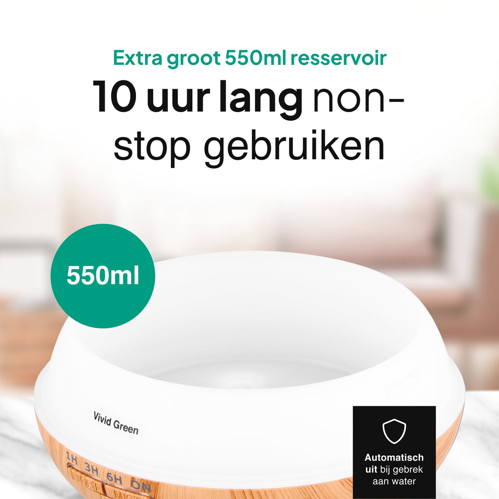 Aroma Diffuser 550ML - Luchtbevochtiger - Aromatherapie - Geurverspreider - Etherische olie - Verstuiver - Aromadiffusers - Lichtbruin - Vivid Green