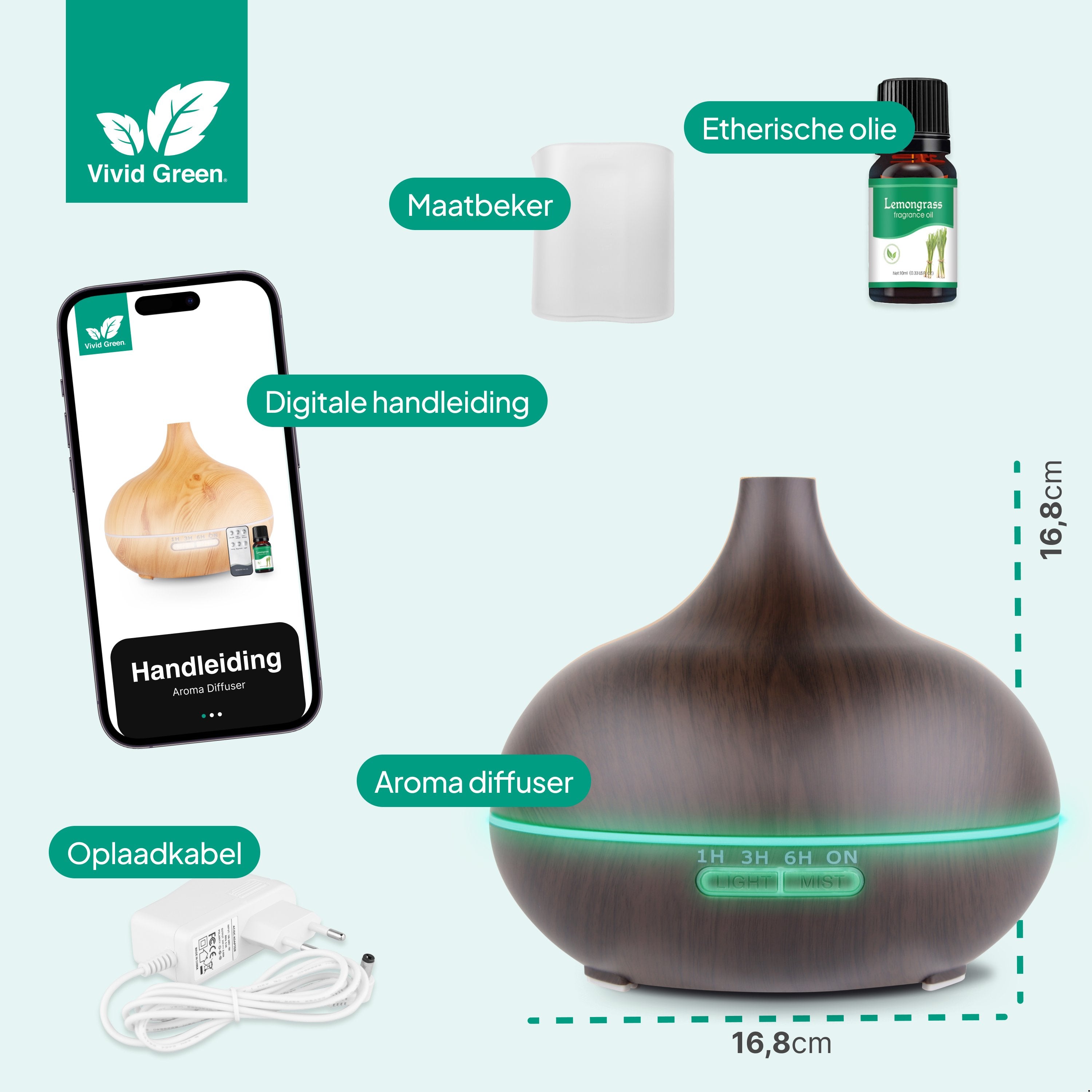 Aroma Diffuser 550ML - Luchtbevochtiger - Aromatherapie - Geurverspreider - Etherische olie - Verstuiver - Aromadiffusers - Donkerbruin - Vivid Green