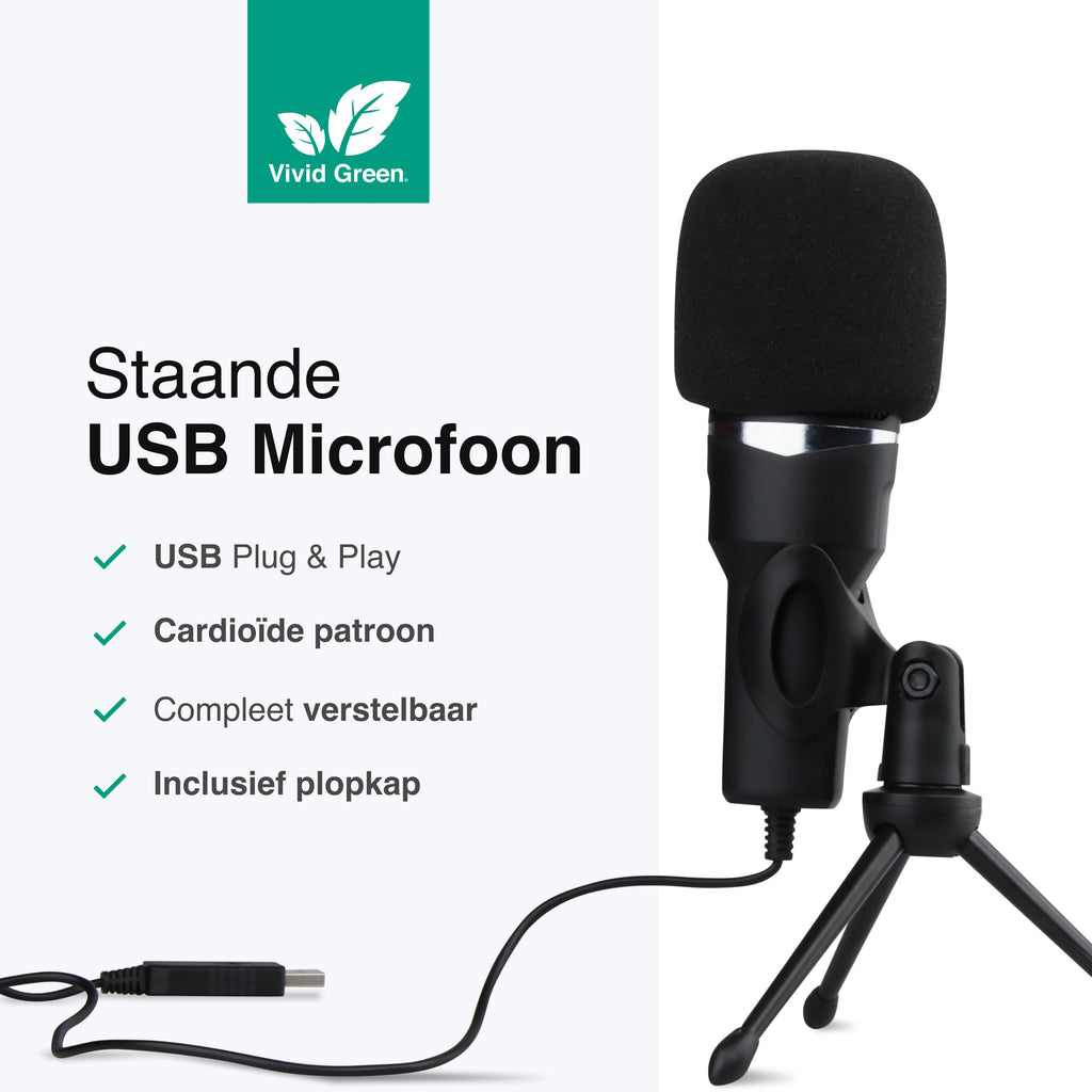 USB Microfoon met standaard - Gaming - Podcast - Voor Pc en console - Standaard - Incl. Plopkap - Zwart - Vivid Green