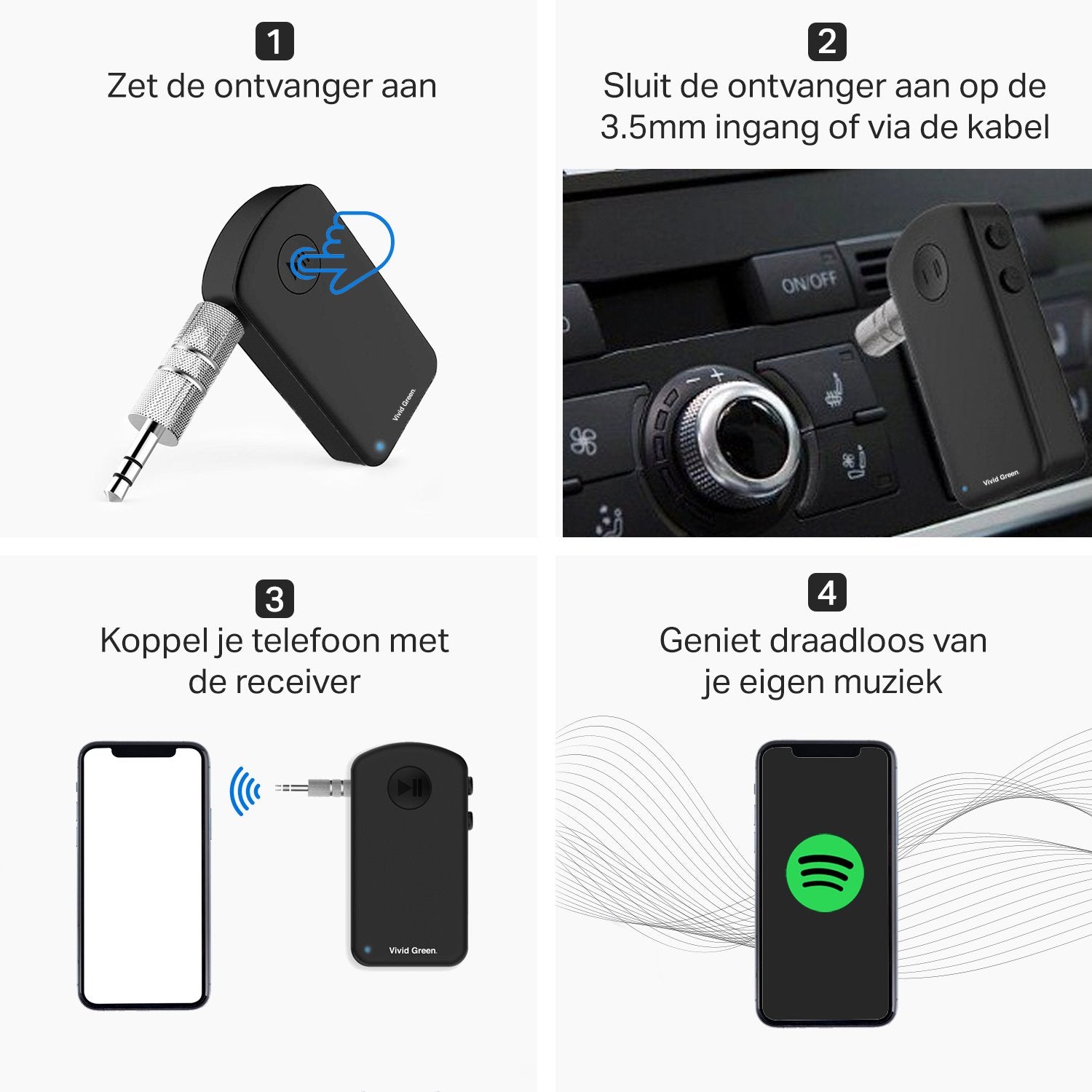 Vivid Green® Handsfree bellen Auto Bluetooth Audio Receiver – Adapter – Carkit – Aux – Ontvanger – Accesoires - Zwart/Zilver