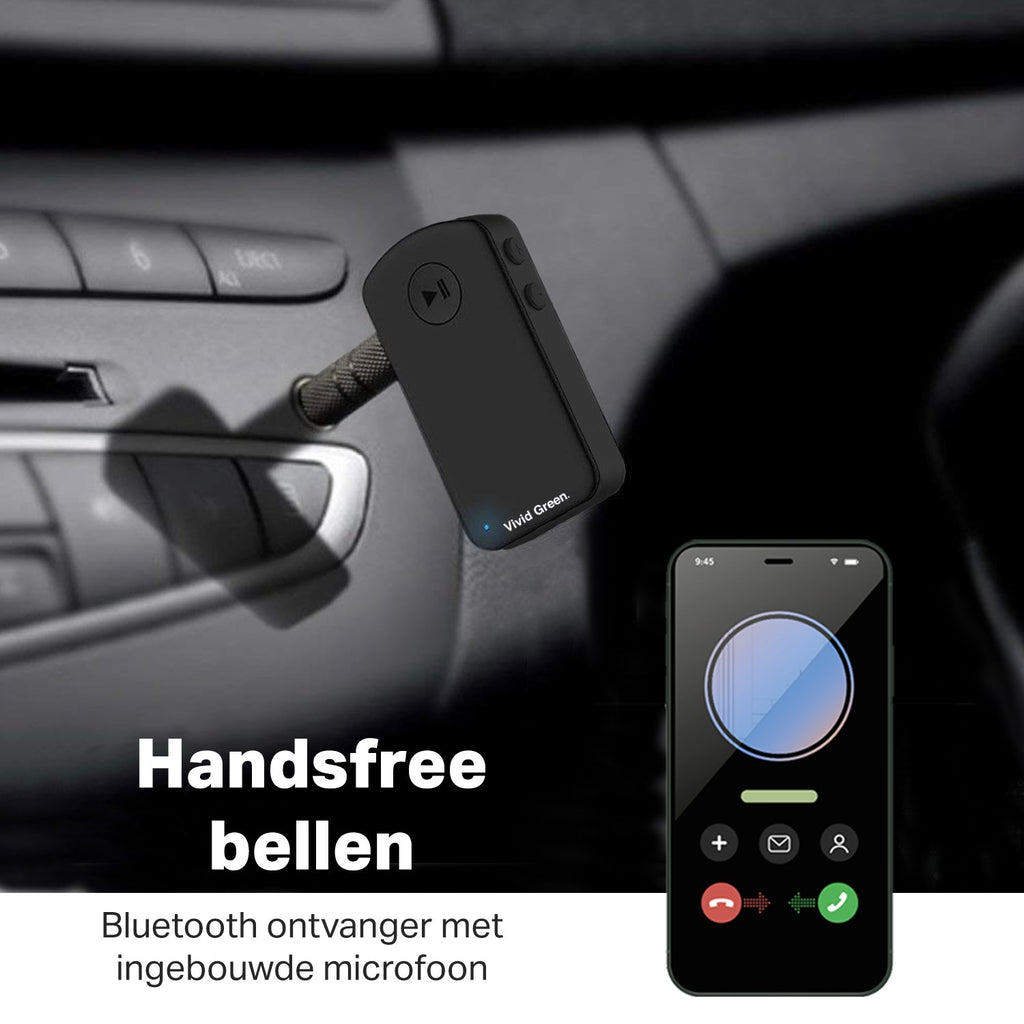 Vivid Green® Handsfree bellen Auto Bluetooth Audio Receiver – Adapter – Carkit – Aux – Ontvanger – Accesoires - Zwart/Zilver