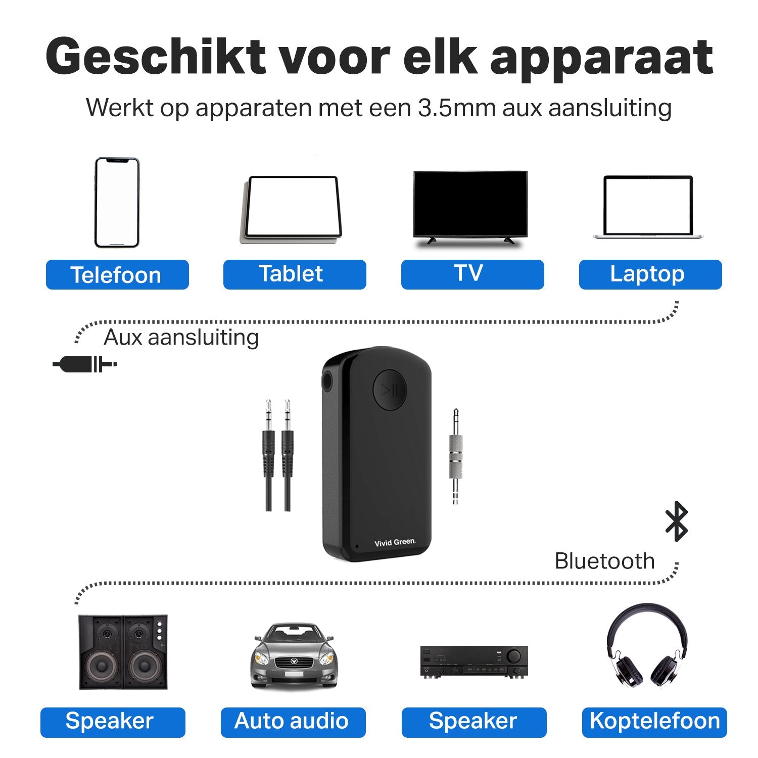 Vivid Green® Handsfree bellen Auto Bluetooth Audio Receiver – Adapter – Carkit – Aux – Ontvanger – Accesoires - Zwart/Zilver