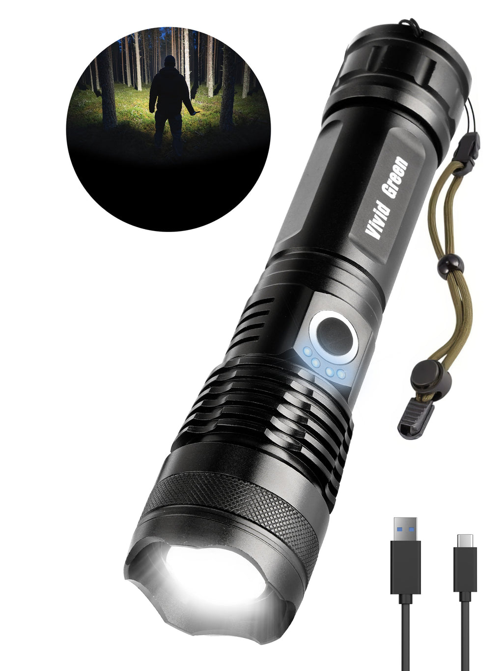 Zaklamp LED 5000mAh Oplaadbaar - Militaire - 2500 Lumen - Zwart - Vivid Green