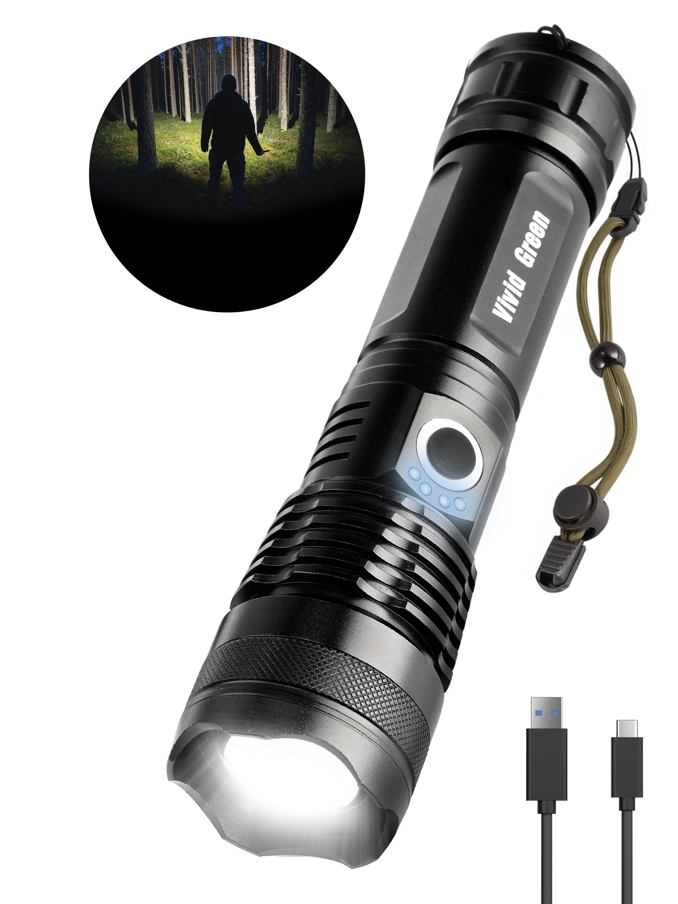 Zaklamp LED 5000mAh Oplaadbaar - Militaire - 2500 Lumen - Zwart - Vivid Green