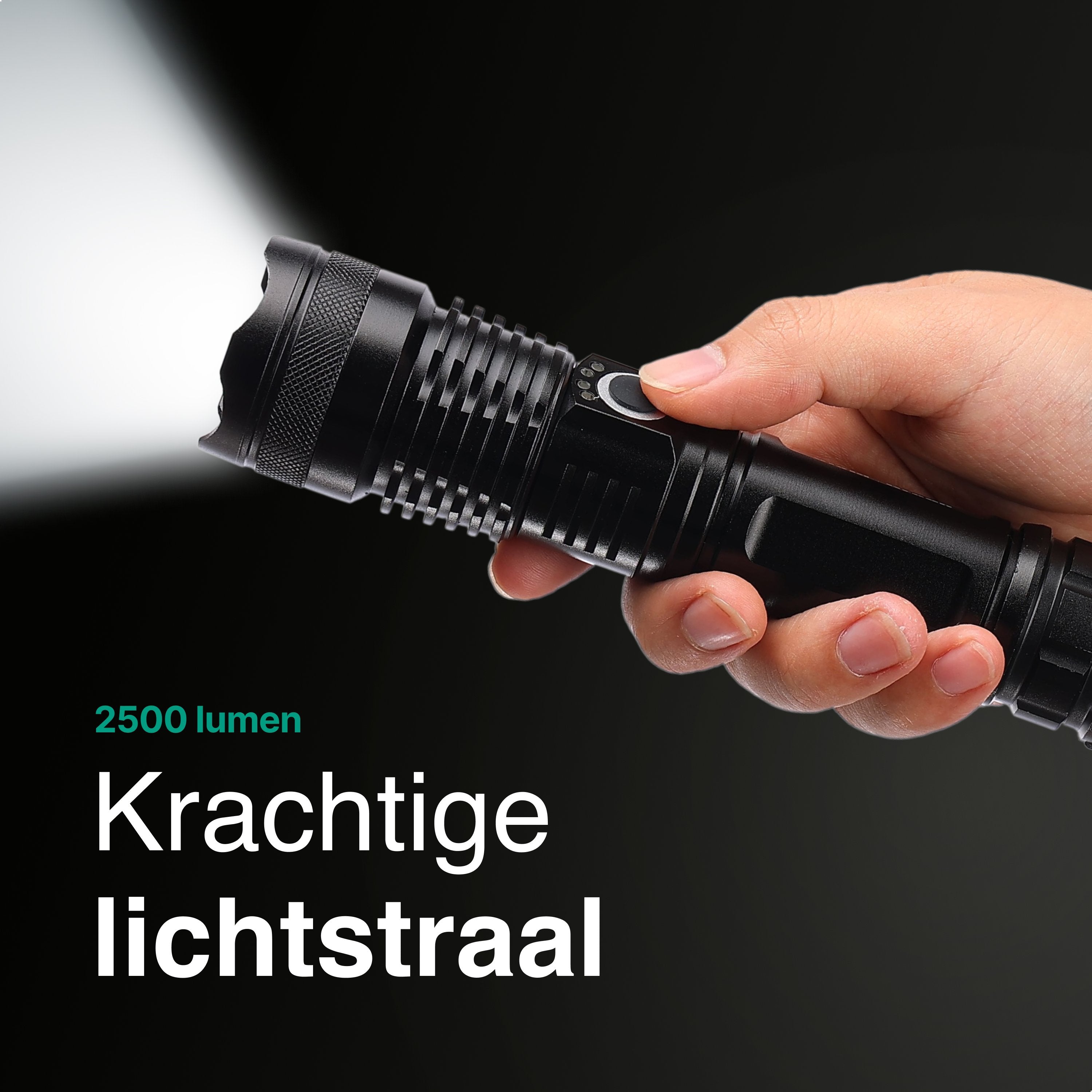 Zaklamp LED 5000mAh Oplaadbaar - Militaire - 2500 Lumen - Zwart - Vivid Green