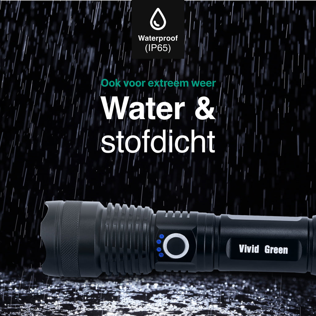 Zaklamp LED 5000mAh Oplaadbaar - Militaire - 2500 Lumen - Zwart - Vivid Green