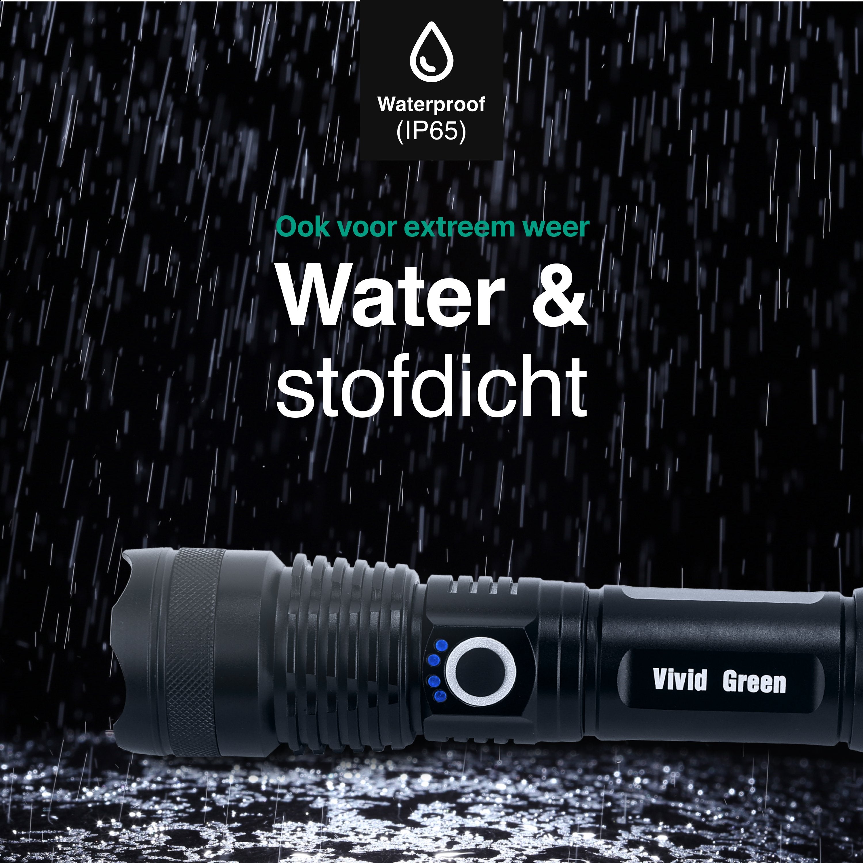 Zaklamp LED 5000mAh Oplaadbaar - Militaire - 2500 Lumen - Zwart - Vivid Green