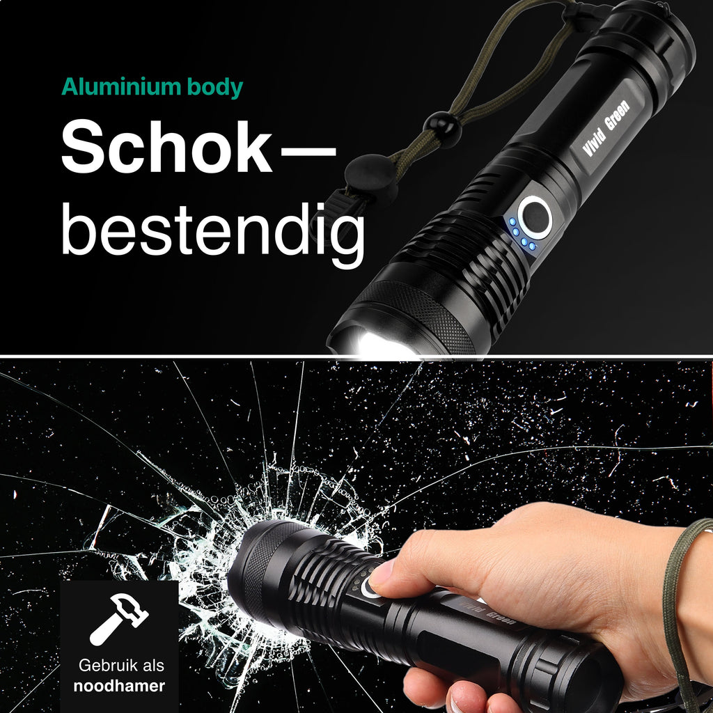 Zaklamp LED 5000mAh Oplaadbaar - Militaire - 2500 Lumen - Zwart - Vivid Green