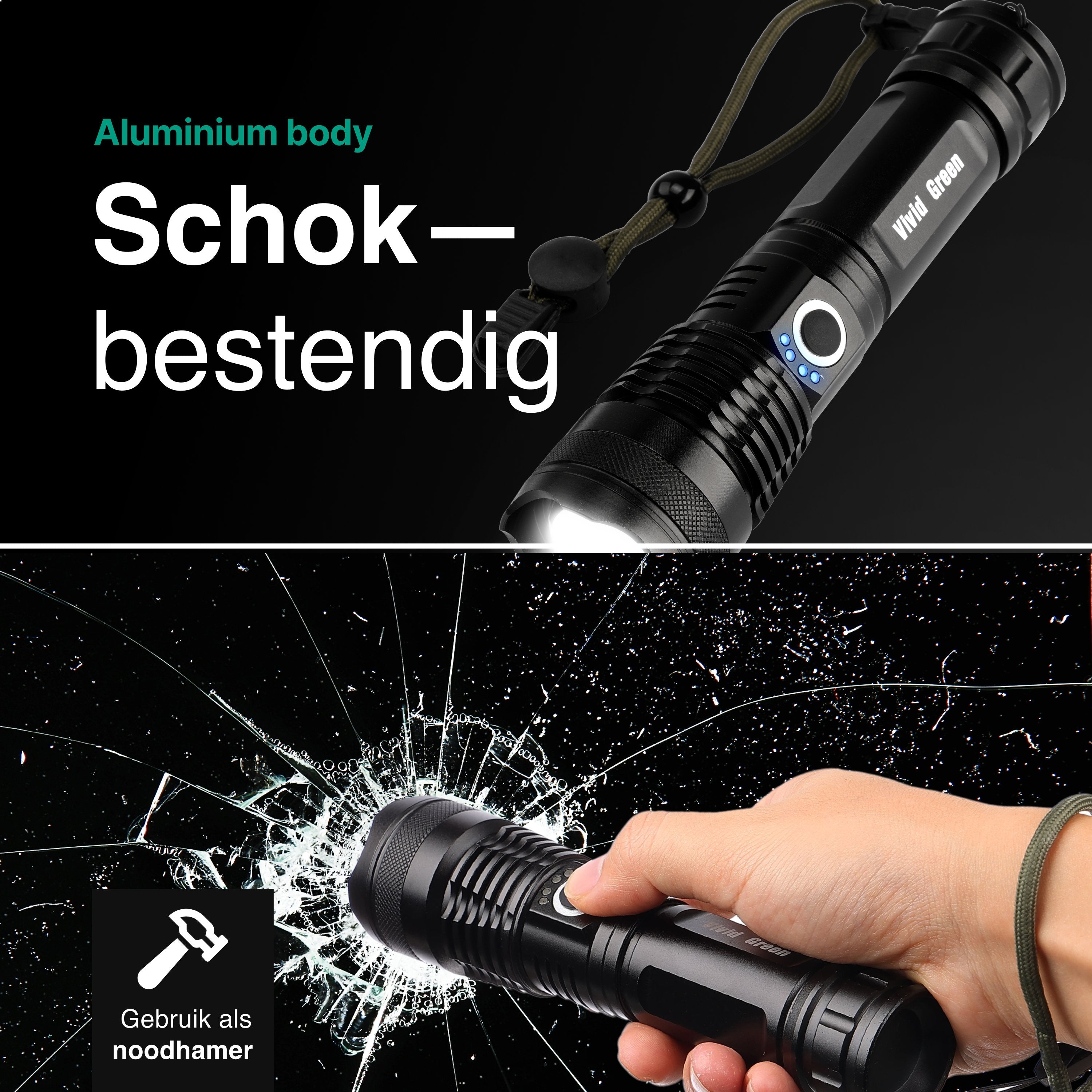 Zaklamp LED 5000mAh Oplaadbaar - Militaire - 2500 Lumen - Zwart - Vivid Green