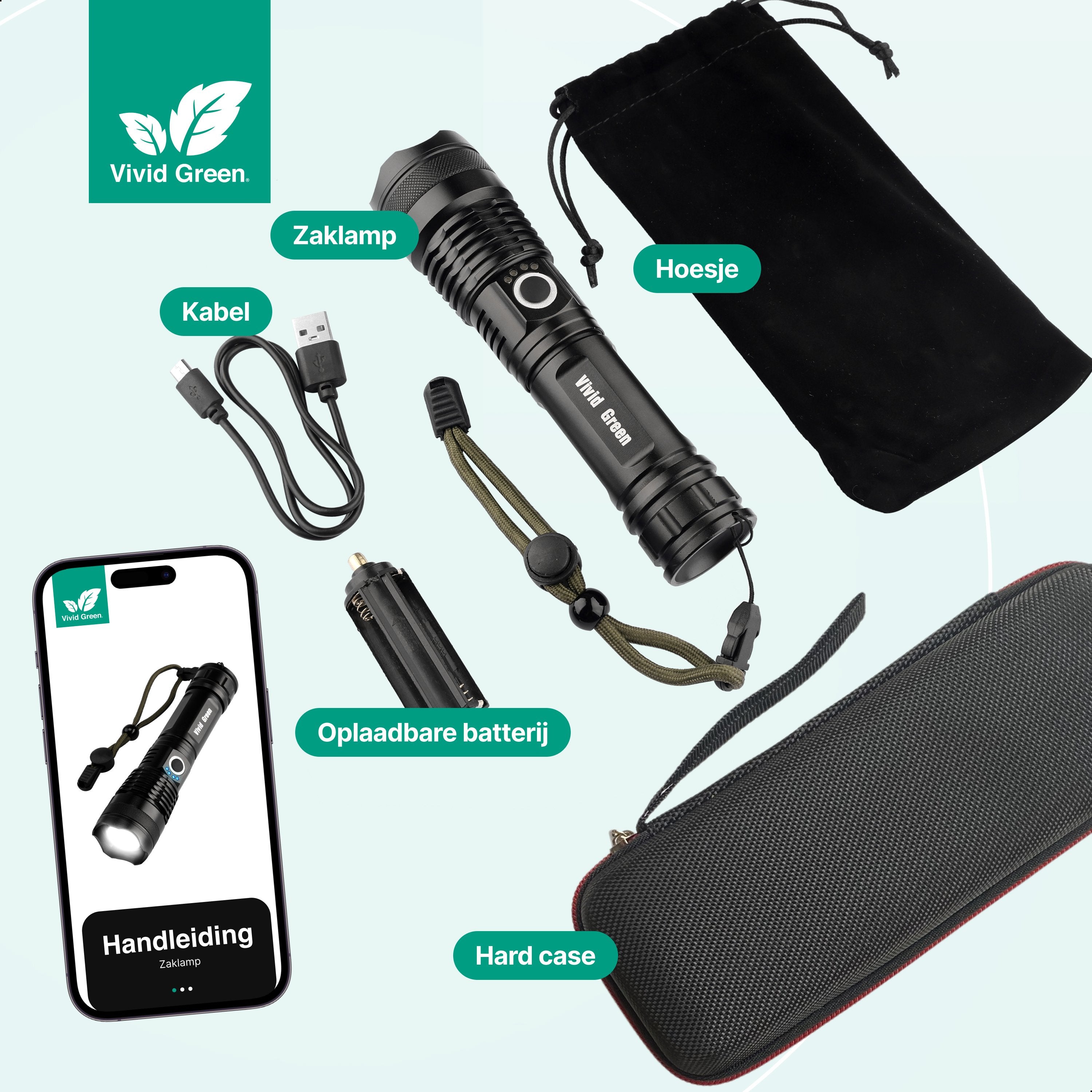 Zaklamp LED 5000mAh Oplaadbaar - Militaire - 2500 Lumen - Zwart - Vivid Green