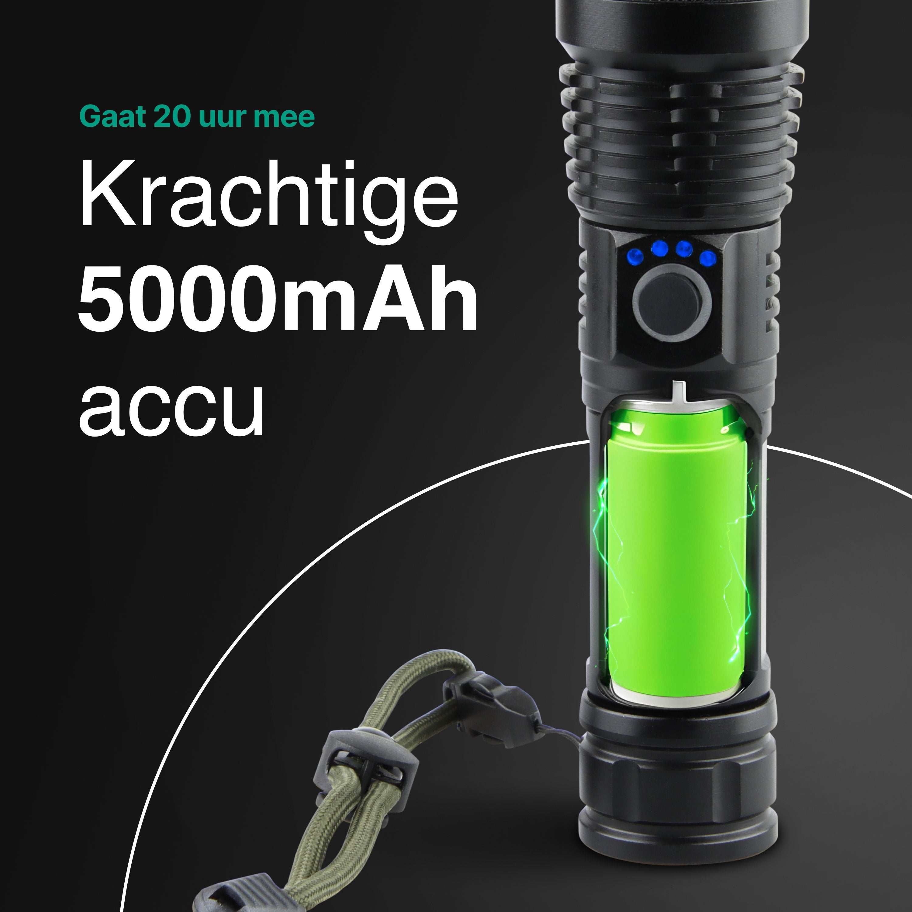 Zaklamp LED 5000mAh Oplaadbaar - Militaire - 2500 Lumen - Zwart - Vivid Green