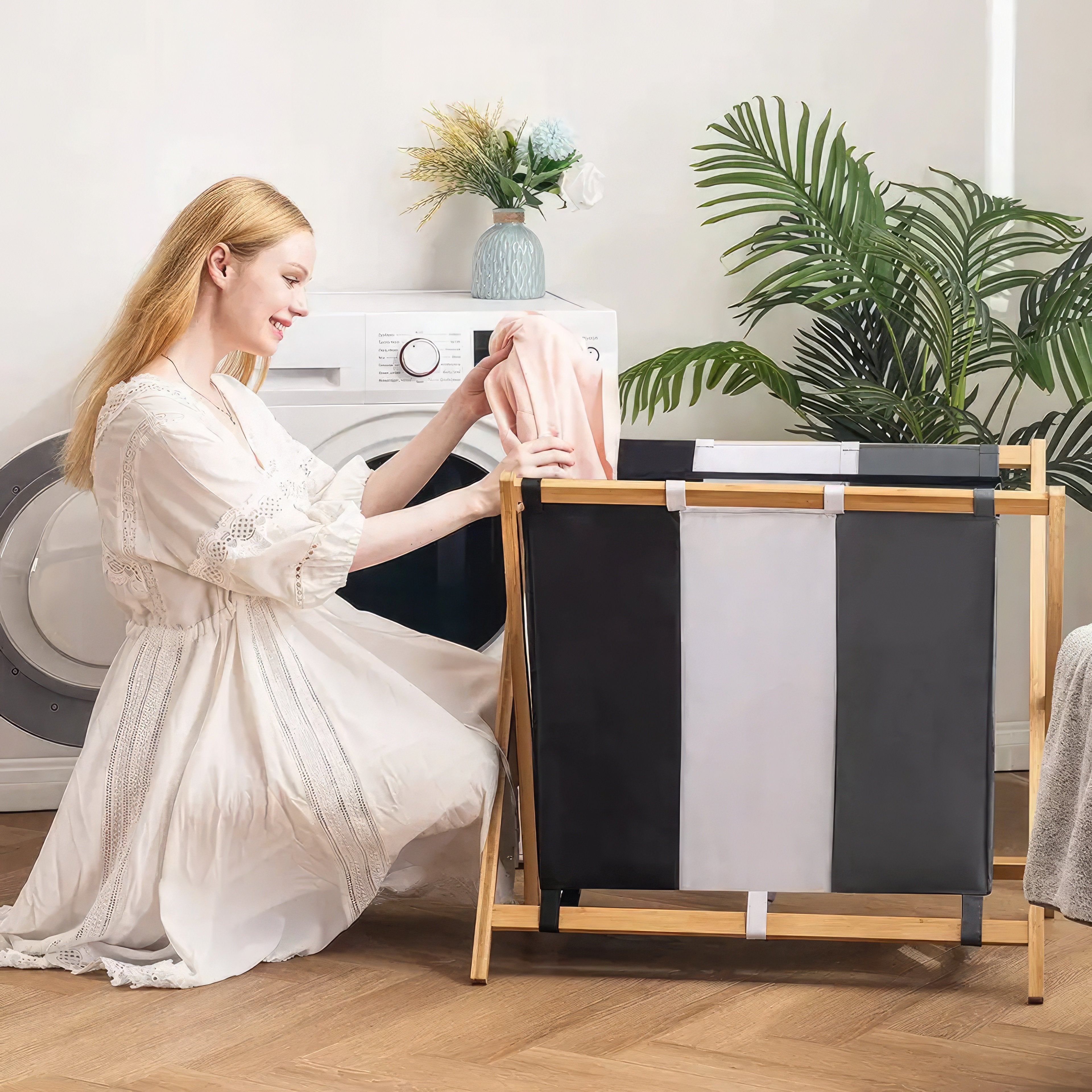 Vivid Green wasmand met 3 vakken - Wassorteerder - Opvouwbaar - Wasmanden - Bamboe - 105L