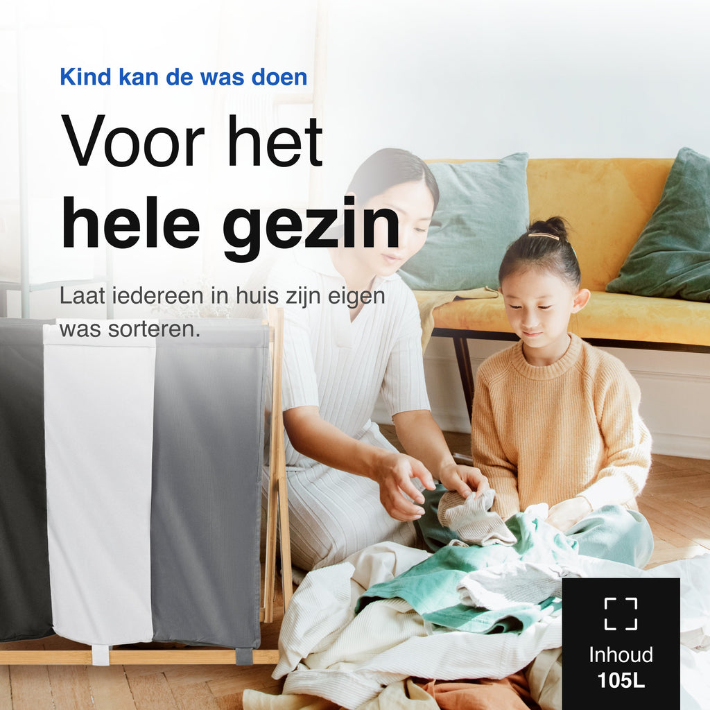 Vivid Green wasmand met 3 vakken - Wassorteerder - Opvouwbaar - Wasmanden - Bamboe - 105L