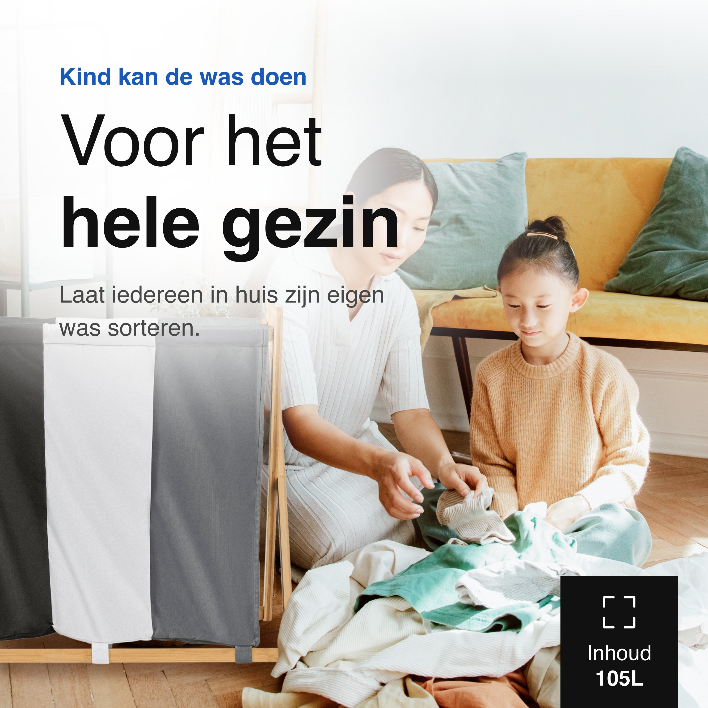 Vivid Green wasmand met 3 vakken - Wassorteerder - Opvouwbaar - Wasmanden - Bamboe - 105L