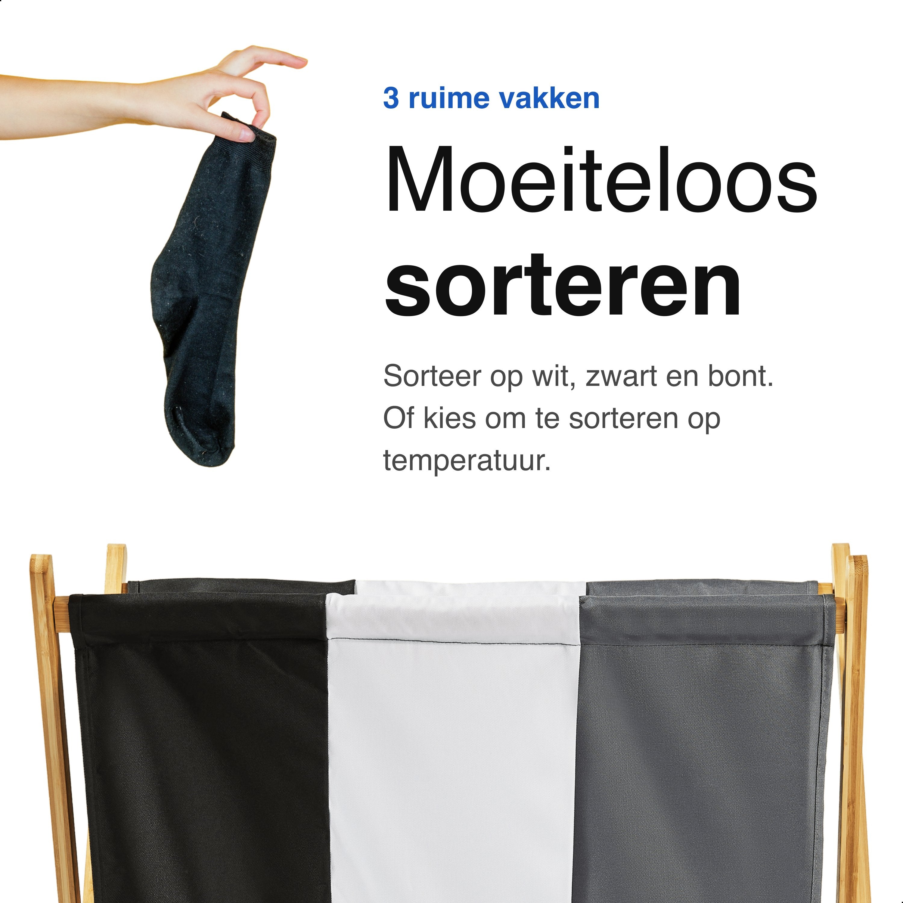 Vivid Green wasmand met 3 vakken - Wassorteerder - Opvouwbaar - Wasmanden - Bamboe - 105L