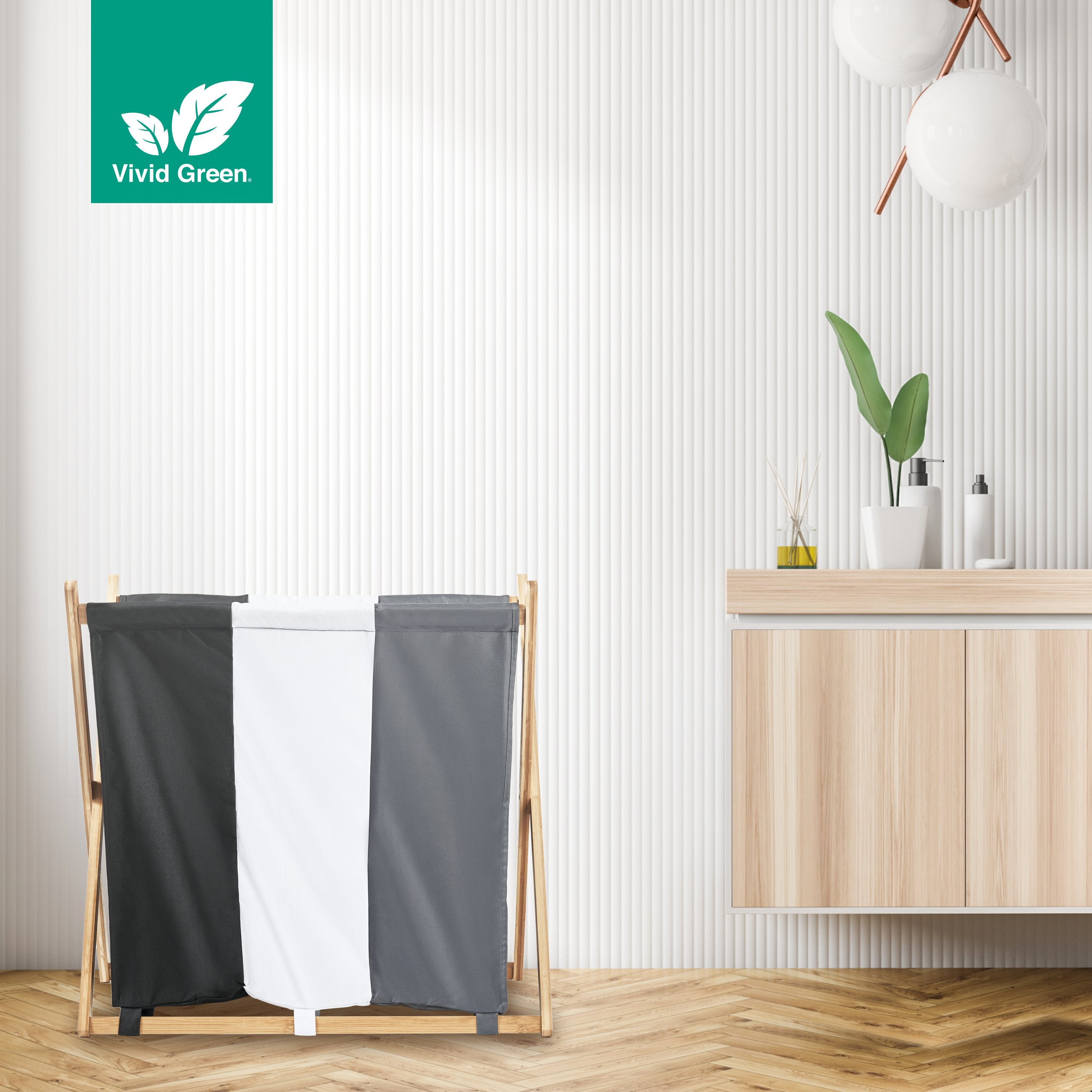 Vivid Green wasmand met 3 vakken - Wassorteerder - Opvouwbaar - Wasmanden - Bamboe - 105L