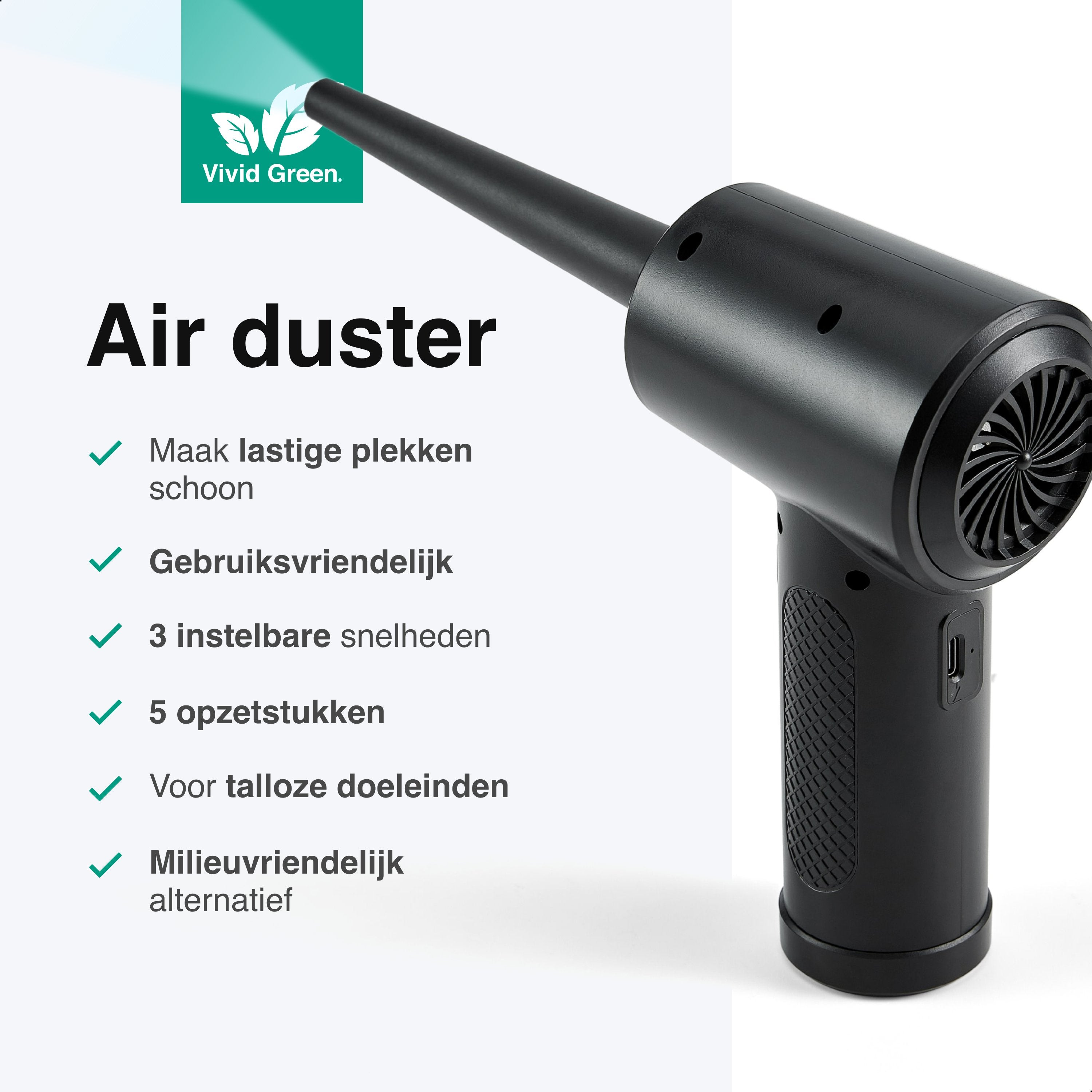 Air Duster 50K RPM - Perslucht - Compressed Air - Stof Reiniger - Oplaadbaar en Draadloos – Computer - Zwart - Vivid Green