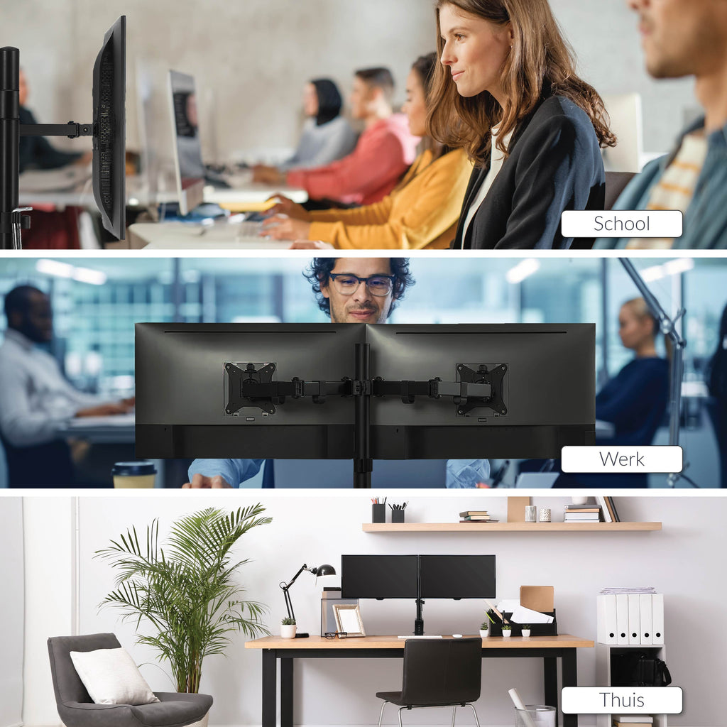 Vivid Green Dubbele Monitor Arm - Standaard - Beugel - 2 Schermen - 13 t/m 27 inch - Draai, Kantel en Zwenkbaar - Zwart