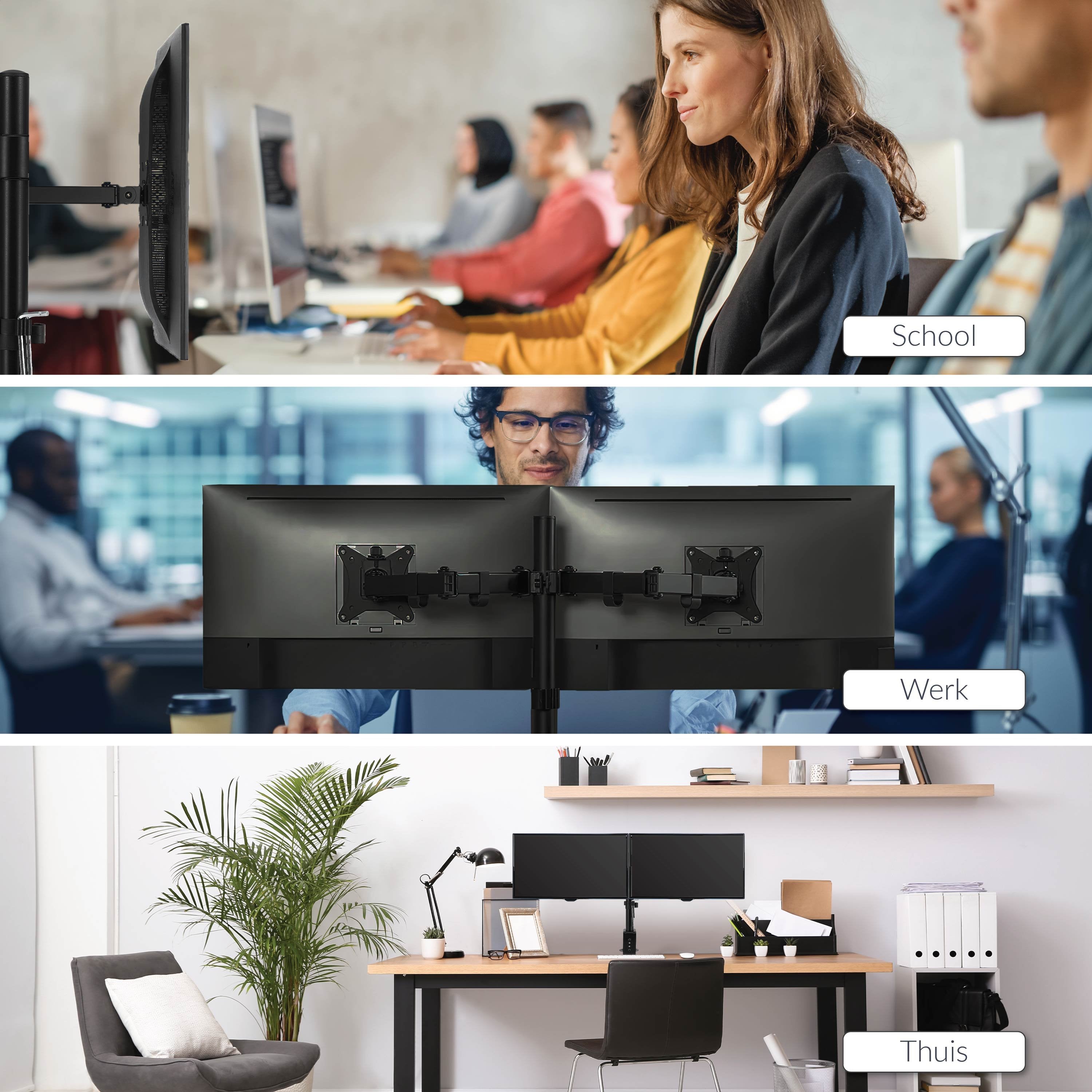 Vivid Green Dubbele Monitor Arm - Standaard - Beugel - 2 Schermen - 13 t/m 27 inch - Draai, Kantel en Zwenkbaar - Zwart