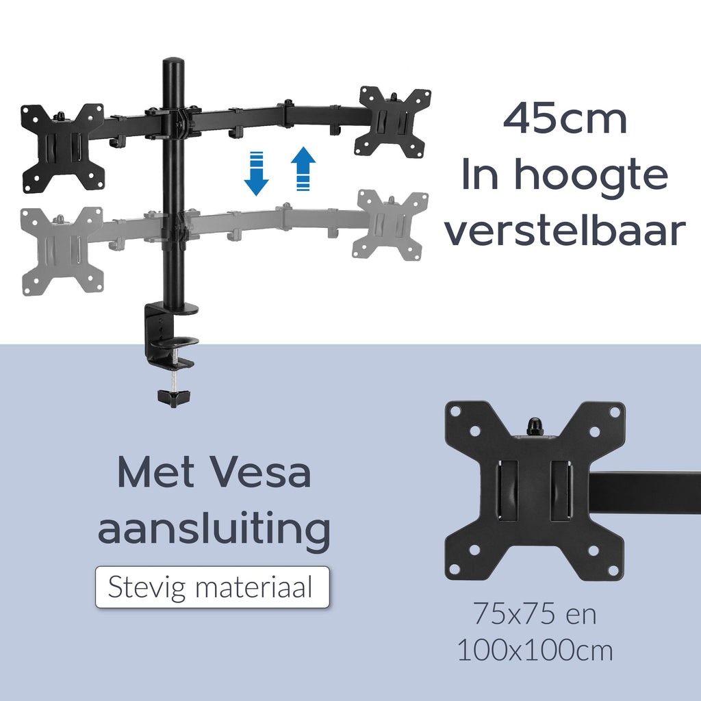Vivid Green Dubbele Monitor Arm - Standaard - Beugel - 2 Schermen - 13 t/m 27 inch - Draai, Kantel en Zwenkbaar - Zwart