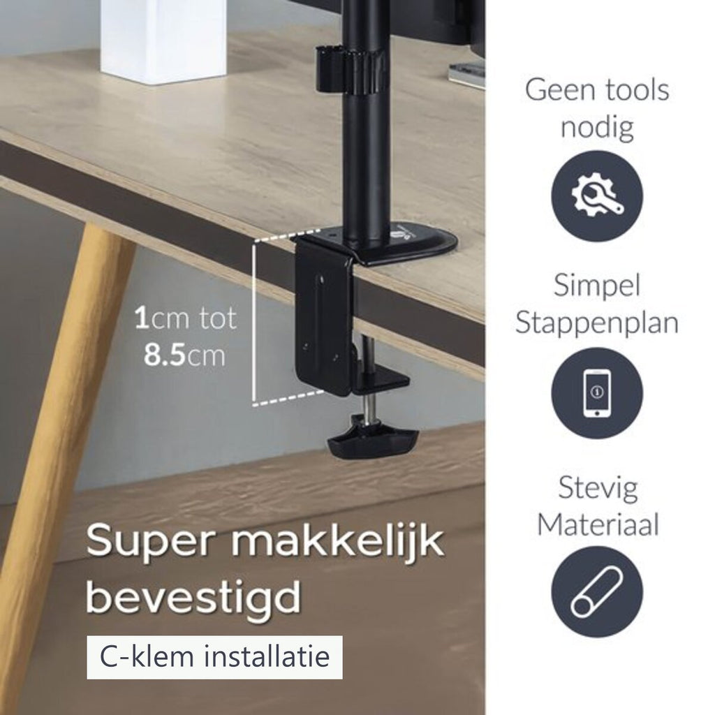Vivid Green Dubbele Monitor Arm - Standaard - Beugel - 2 Schermen - 13 t/m 27 inch - Draai, Kantel en Zwenkbaar - Zwart