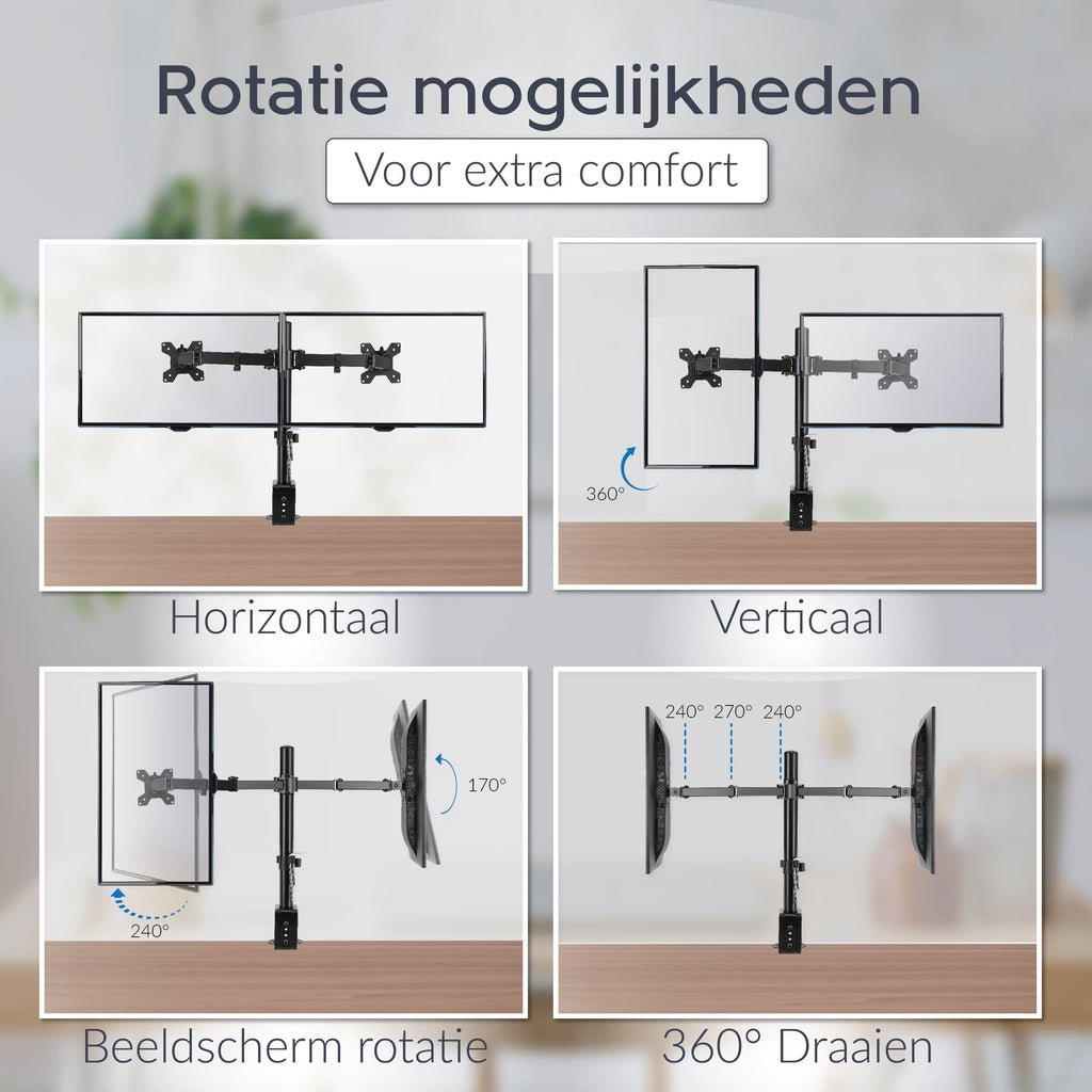 Vivid Green Dubbele Monitor Arm - Standaard - Beugel - 2 Schermen - 13 t/m 27 inch - Draai, Kantel en Zwenkbaar - Zwart