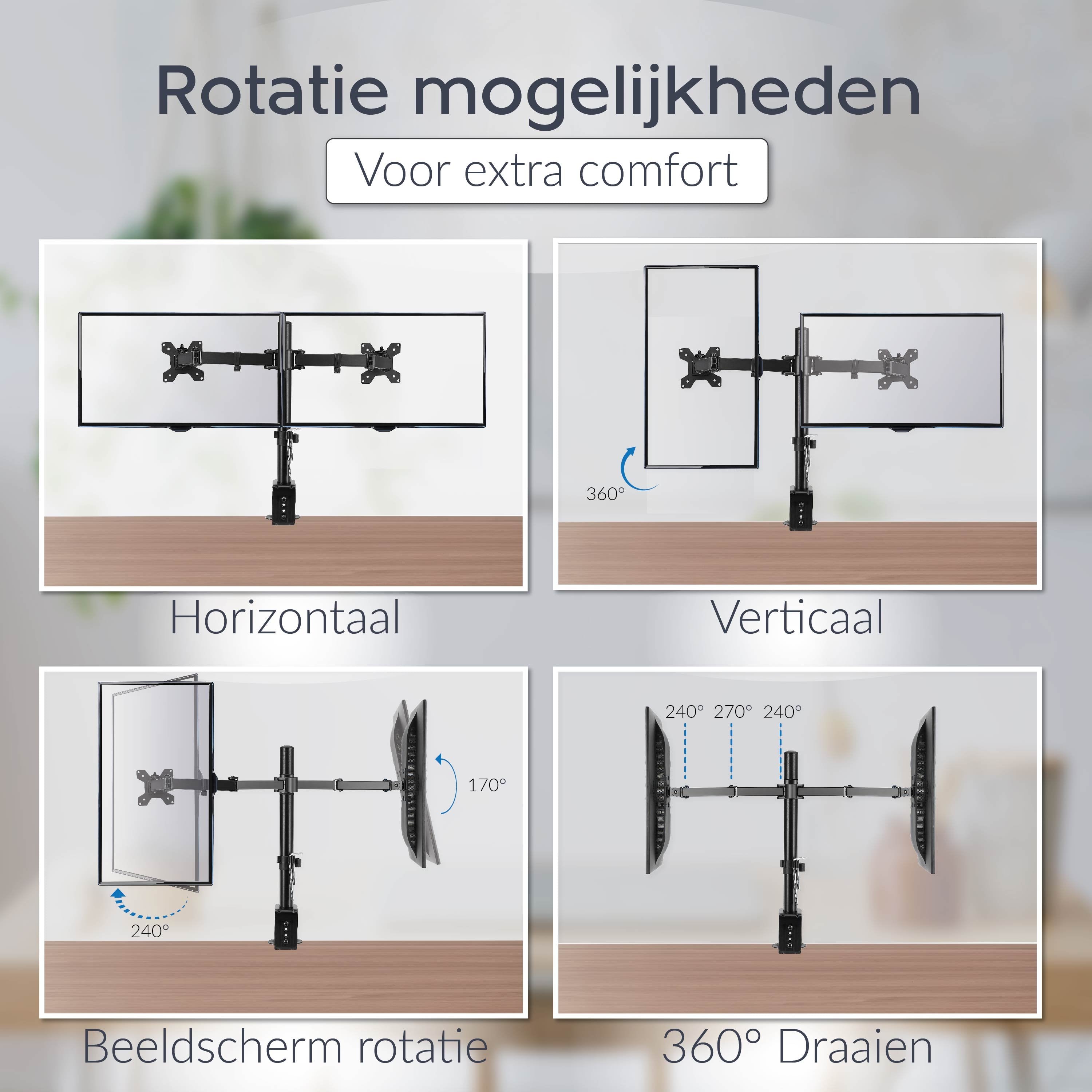 Vivid Green Dubbele Monitor Arm - Standaard - Beugel - 2 Schermen - 13 t/m 27 inch - Draai, Kantel en Zwenkbaar - Zwart