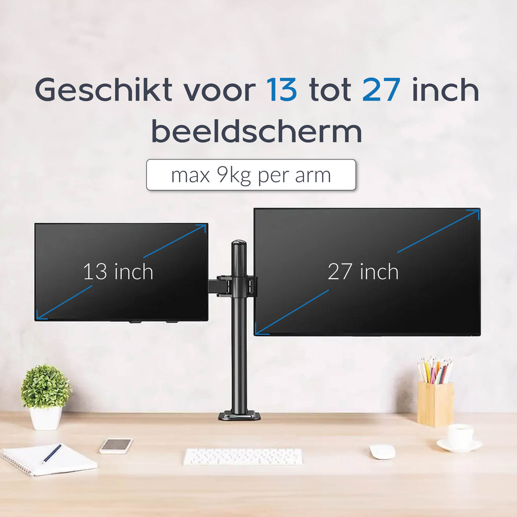 Vivid Green Dubbele Monitor Arm - Standaard - Beugel - 2 Schermen - 13 t/m 27 inch - Draai, Kantel en Zwenkbaar - Zwart