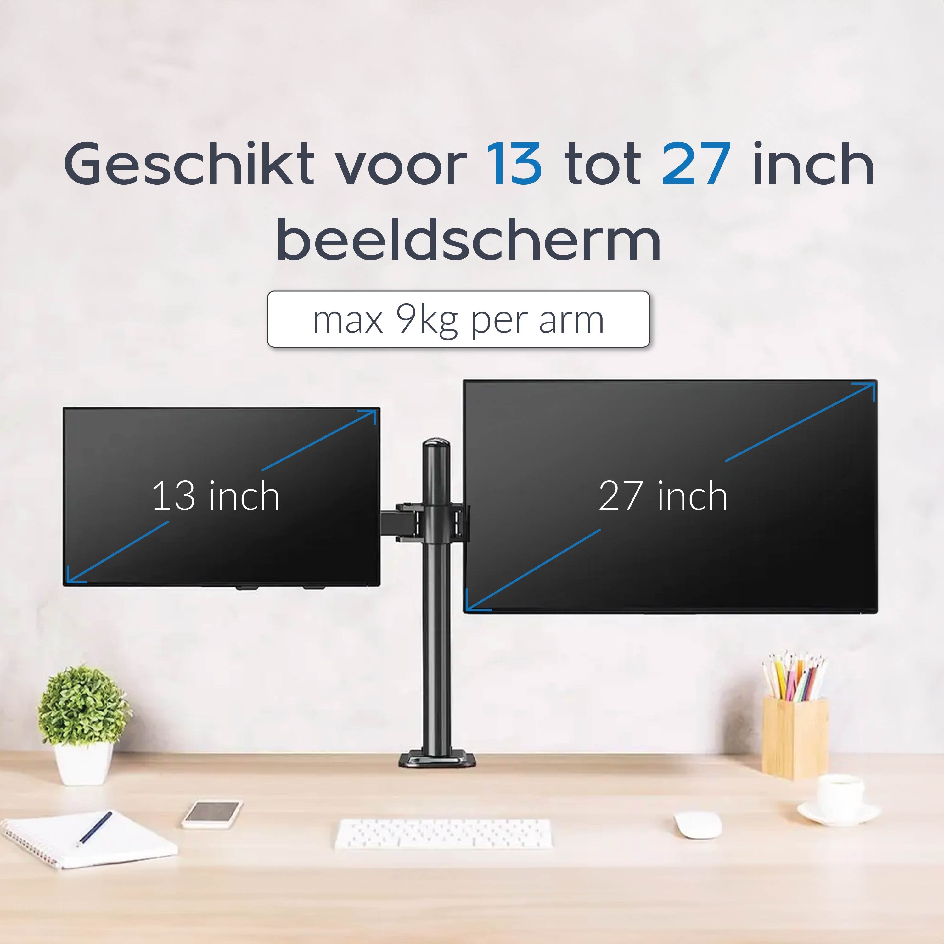 Vivid Green Dubbele Monitor Arm - Standaard - Beugel - 2 Schermen - 13 t/m 27 inch - Draai, Kantel en Zwenkbaar - Zwart