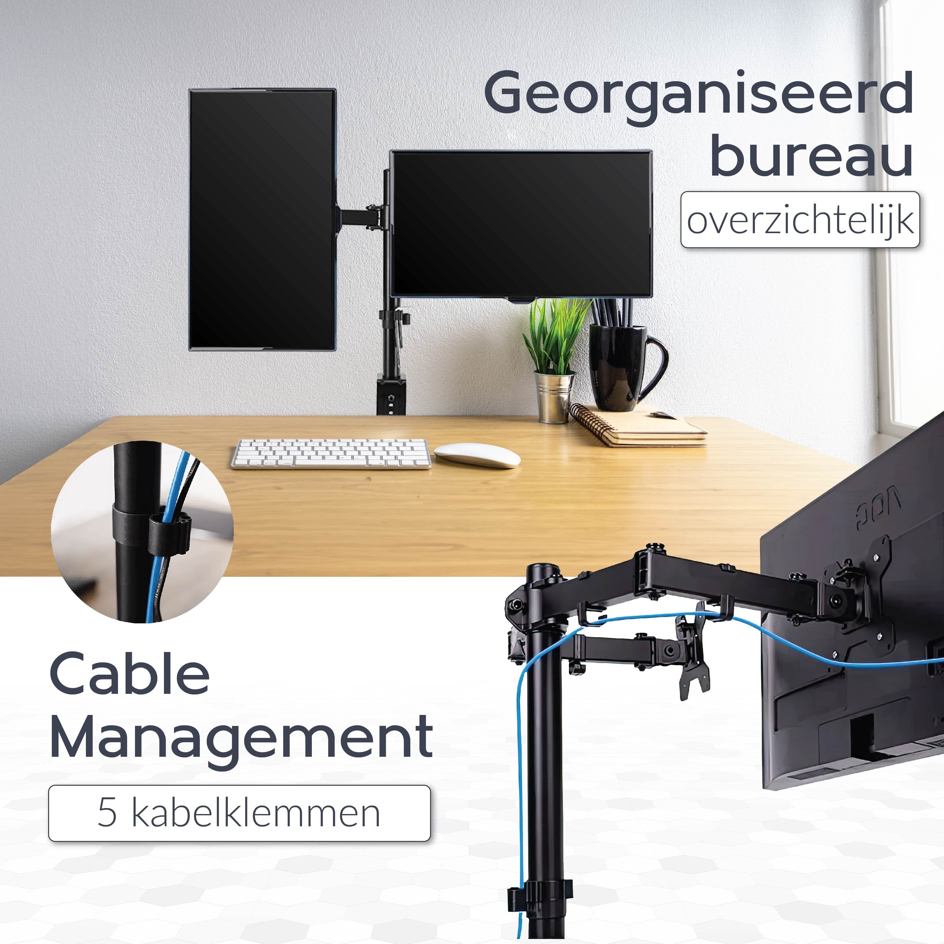 Vivid Green Dubbele Monitor Arm - Standaard - Beugel - 2 Schermen - 13 t/m 27 inch - Draai, Kantel en Zwenkbaar - Zwart