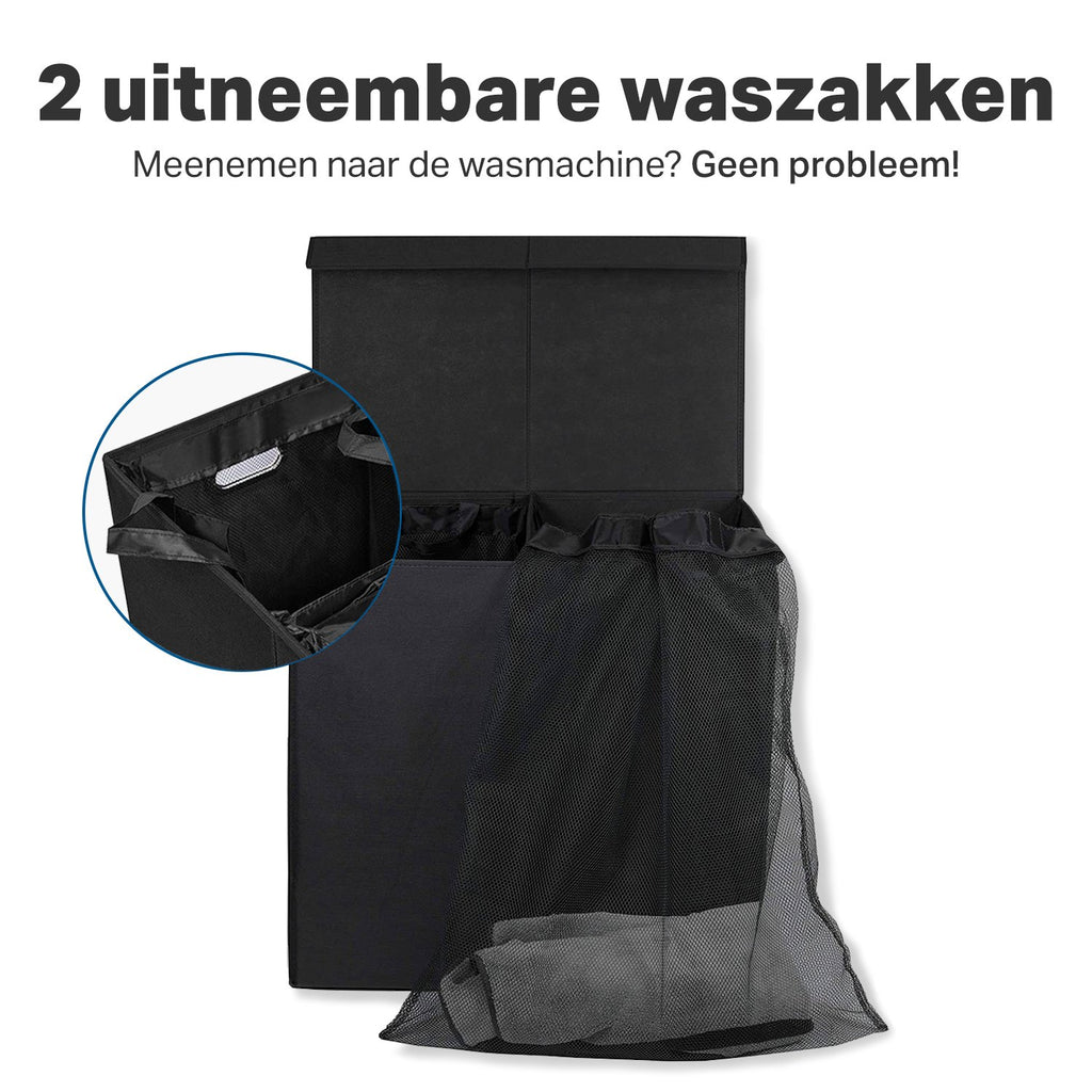 Vivid Green Dubbele Wasmand met Deksel en Uitneembare Waszakken - Wasmanden - Wassorteerder - 120L - Zwart