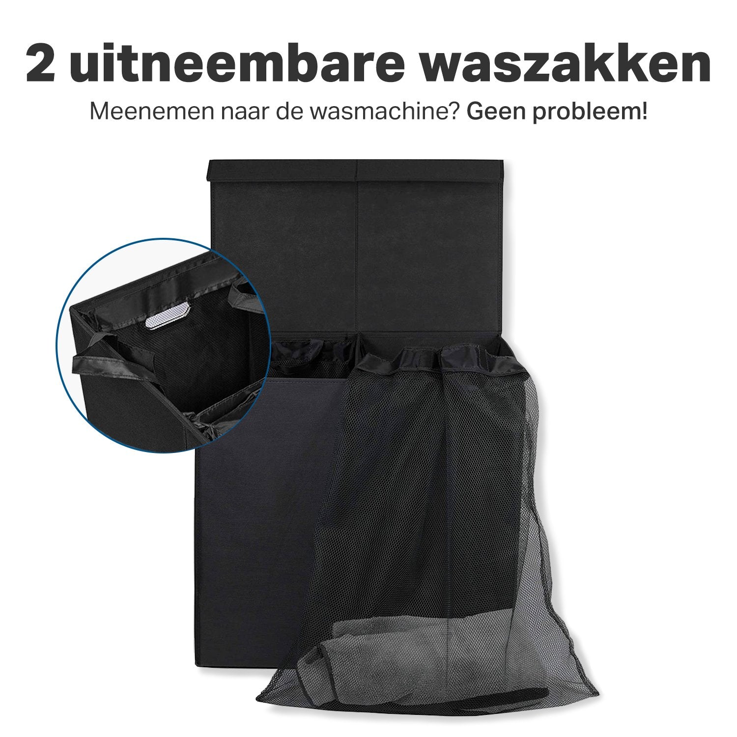 Vivid Green Dubbele Wasmand met Deksel en Uitneembare Waszakken - Wasmanden - Wassorteerder - 120L - Zwart